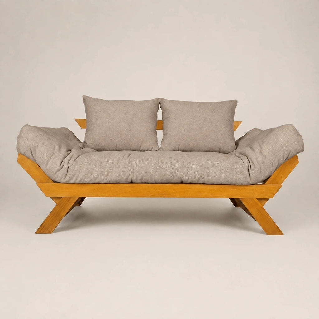 Sofá Cama Futon Reclinável Japão - Madeira Nobre Mel Tecido Acquablock Cor Fendi