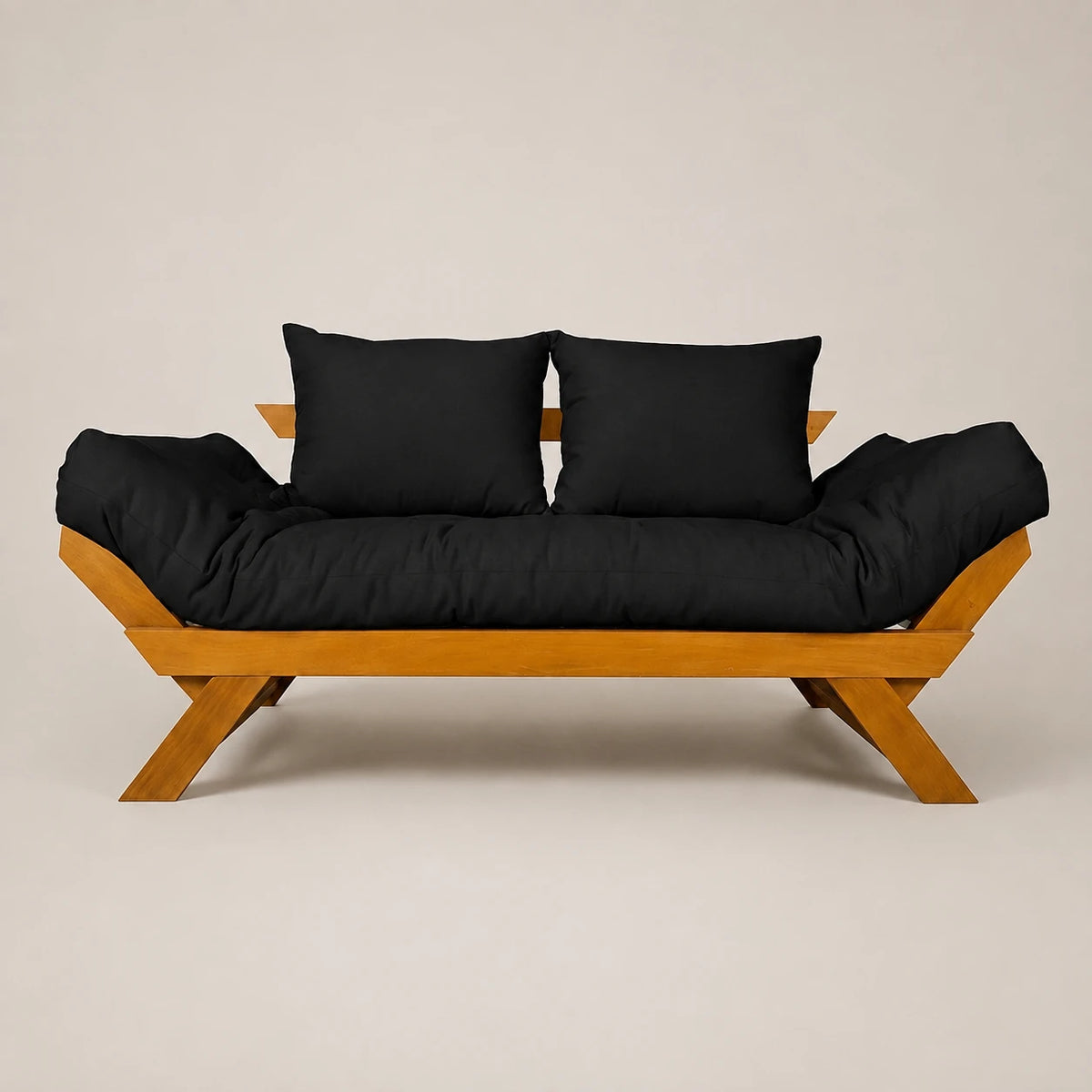 Sofá Cama Futon Reclinável Japão - Madeira Nobre Mel Tecido Acquablock Cor Preto