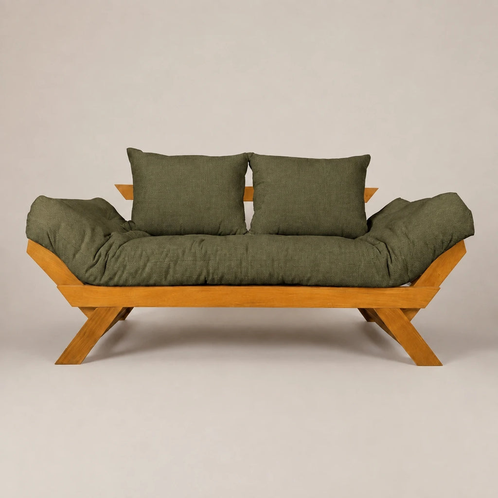 Sof� Cama Futon Reclin�vel Jap�o - Madeira Nobre Mel Tecido Acquablock Cor Verde Oliva