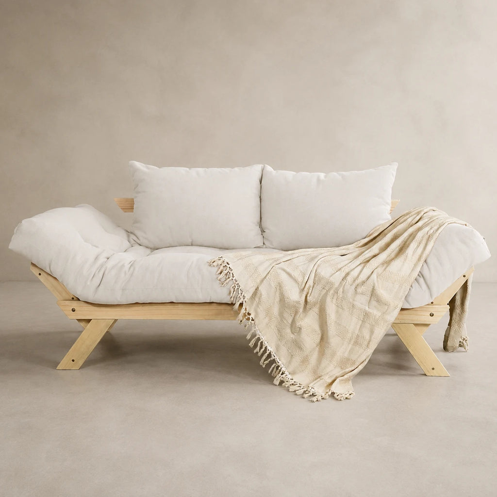 Sof� Cama Reclin�vel Futon Jap�o - Madeira Sem Pintura Tecido Acquablock Cor Branco Off