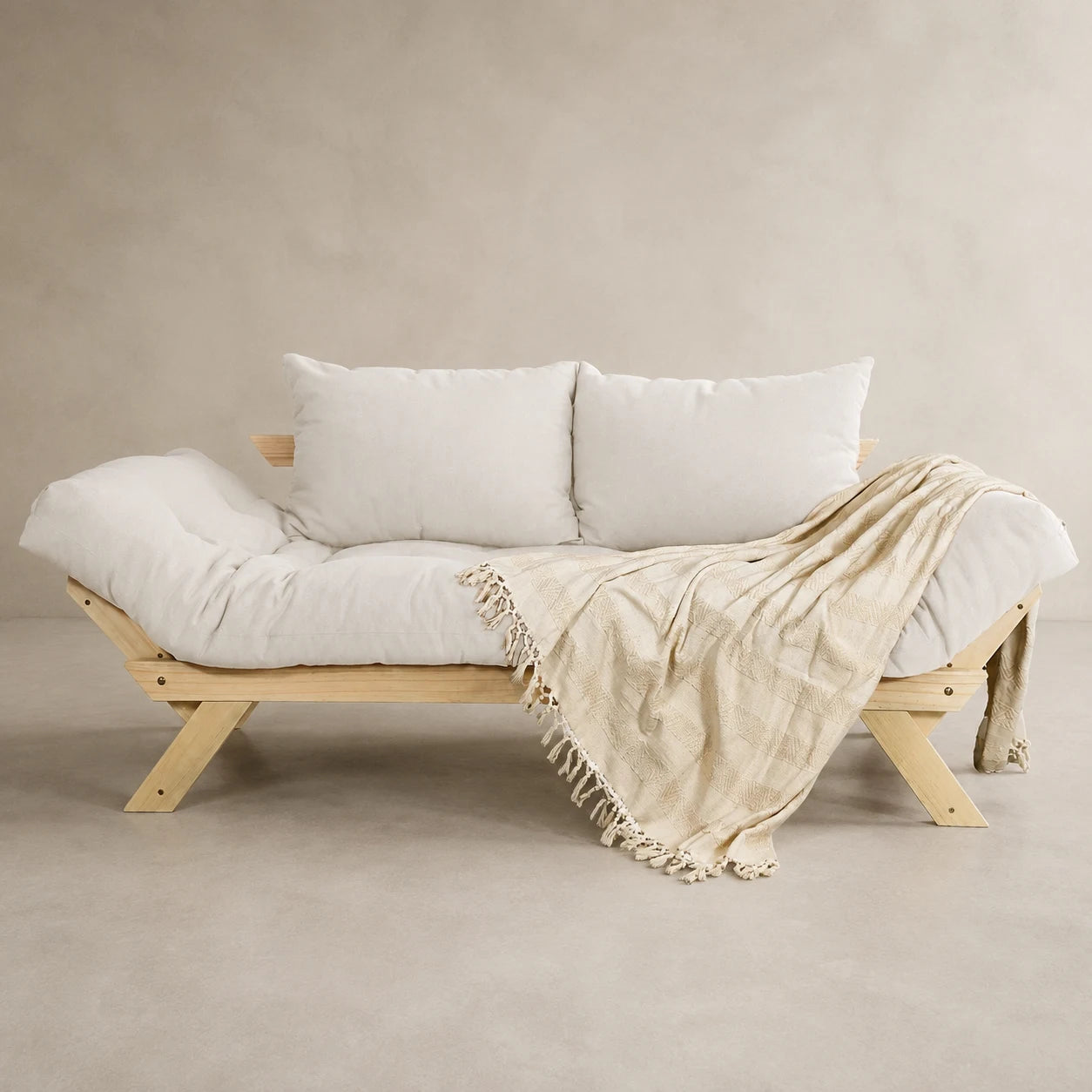 Sof� Cama Reclin�vel Futon Jap�o - Madeira Sem Pintura Tecido Acquablock Cor Branco Off