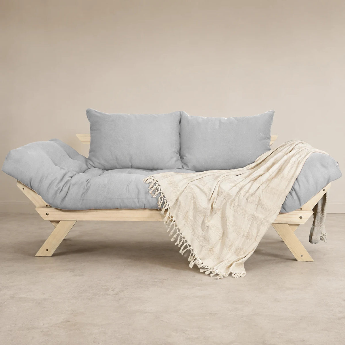 Sof� Cama Reclin�vel Futon Jap�o - Madeira Sem Pintura Tecido Acquablock Cor Cinza Linho