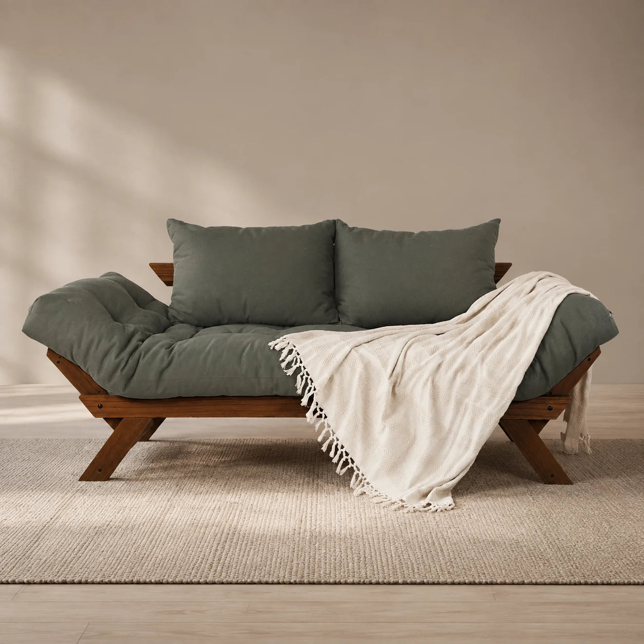 Sof� Cama Reclin�vel Futon Jap�o - Madeira Imbuia Tecido Sarja Cor Cinza