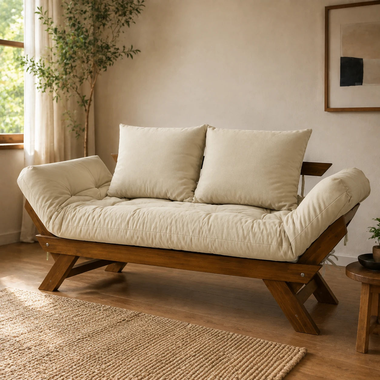 Sof� Cama Reclin�vel Futon Jap�o - Madeira Imbuia Tecido Sarja Cor Bege Claro - ambientada