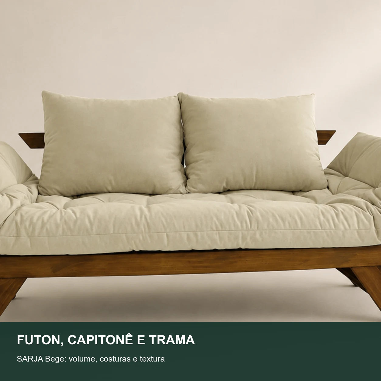 Sof� Cama Reclin�vel Futon Jap�o - Madeira Imbuia Tecido Sarja Cor Bege Claro - detalhe-capitone