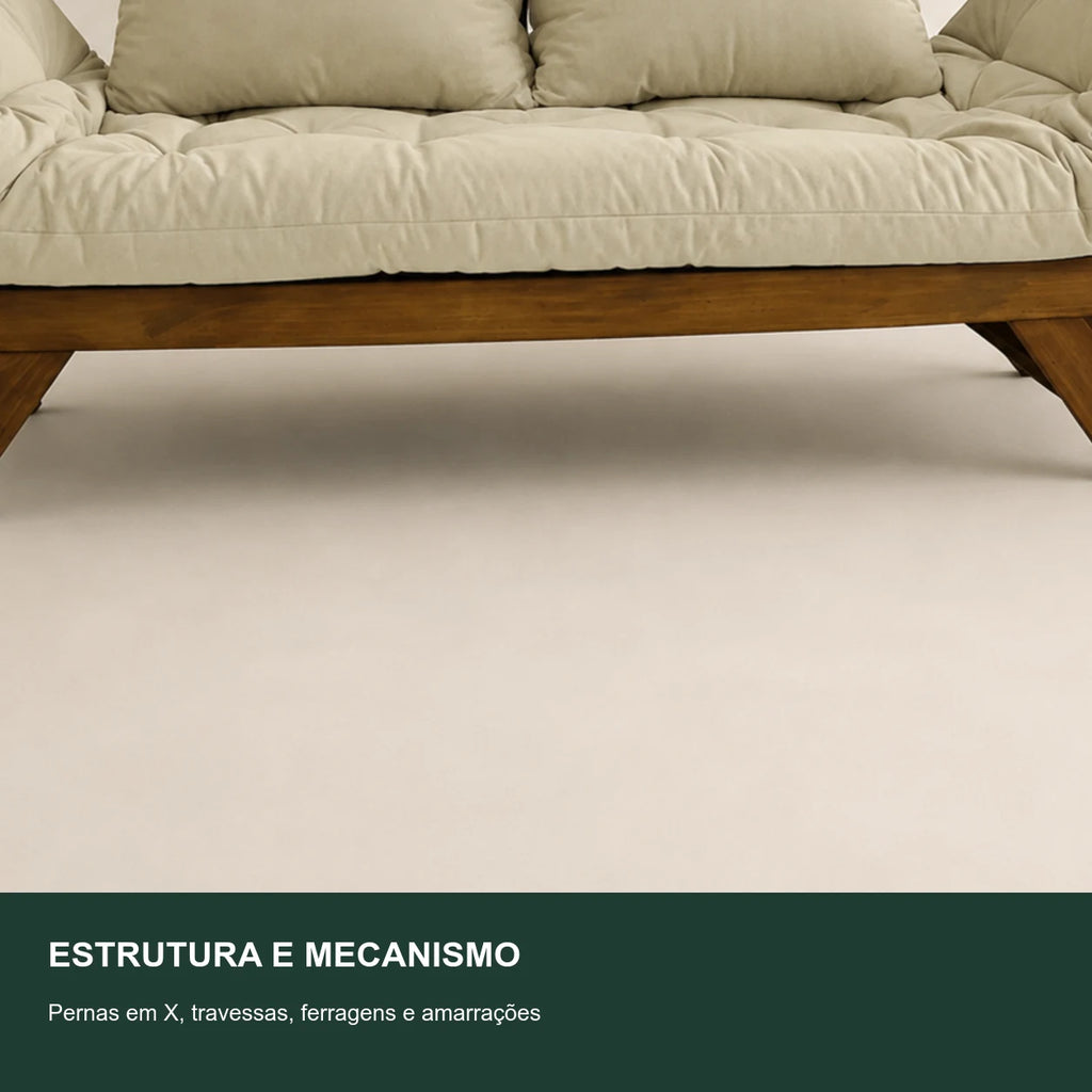 Sof� Cama Reclin�vel Futon Jap�o - Madeira Imbuia Tecido Sarja Cor Bege Claro - detalhe-mecanismo