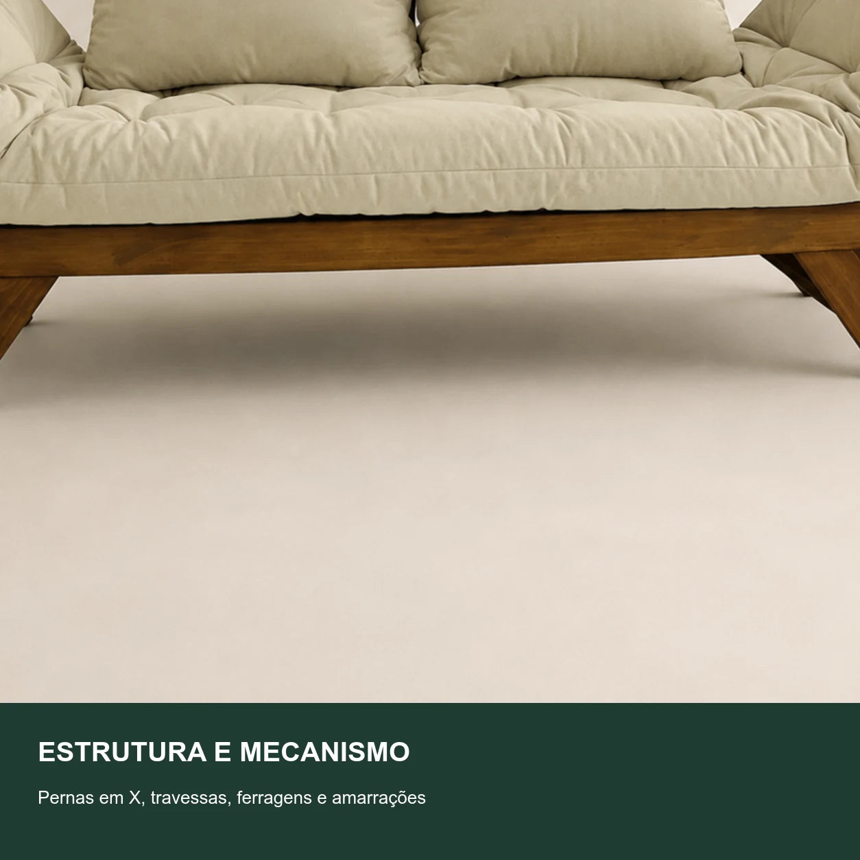 Sof� Cama Reclin�vel Futon Jap�o - Madeira Imbuia Tecido Sarja Cor Bege Claro - detalhe-mecanismo