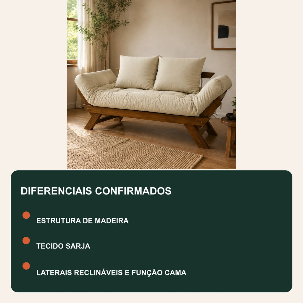 Sof� Cama Reclin�vel Futon Jap�o - Madeira Imbuia Tecido Sarja Cor Bege Claro - diferenciais