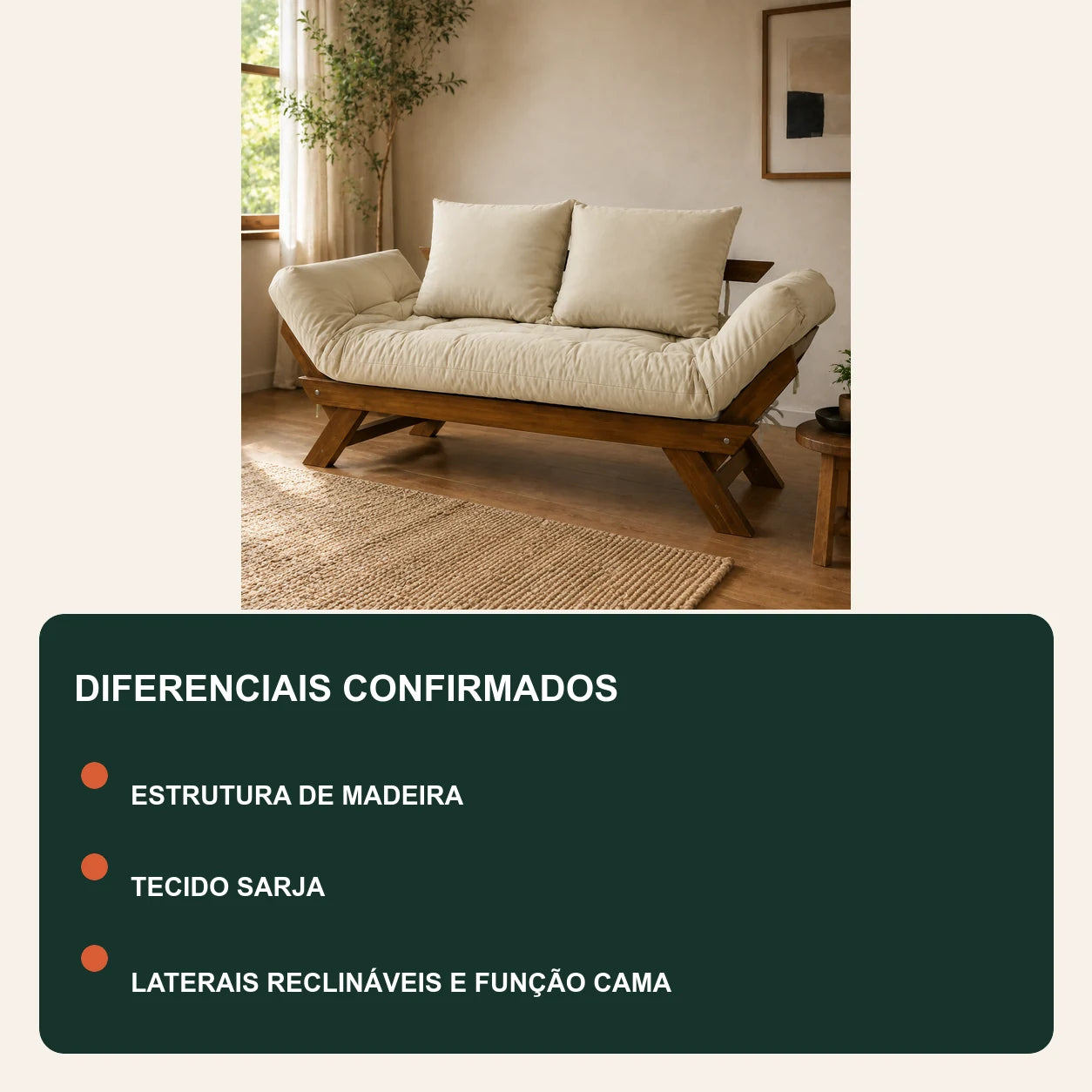 Sof� Cama Reclin�vel Futon Jap�o - Madeira Imbuia Tecido Sarja Cor Bege Claro - diferenciais
