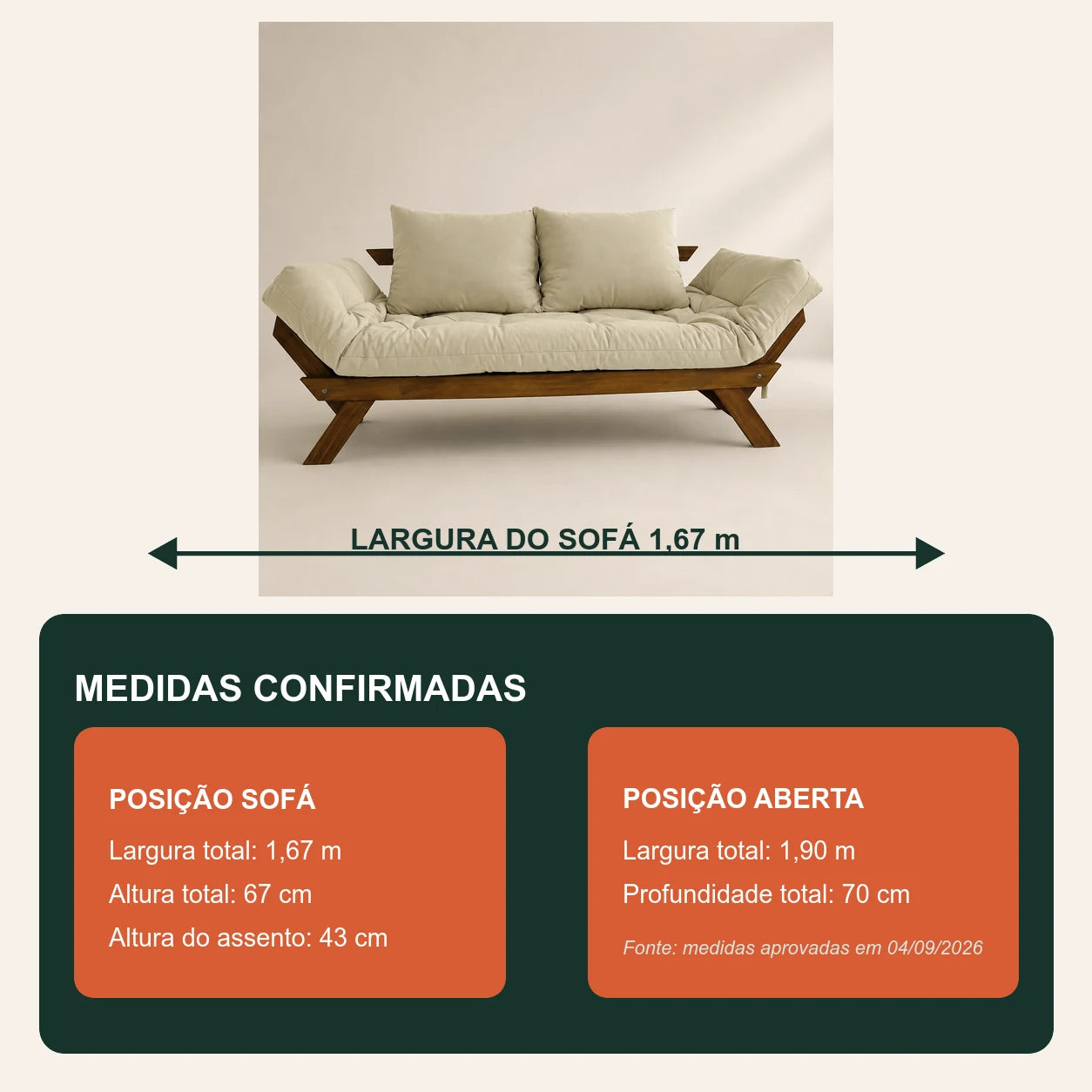 Sof� Cama Reclin�vel Futon Jap�o - Madeira Imbuia Tecido Sarja Cor Bege Claro - medidas