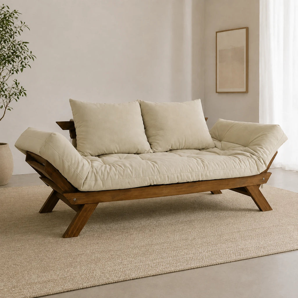 Sof� Cama Reclin�vel Futon Jap�o - Madeira Imbuia Tecido Sarja Cor Bege Claro - reclinada
