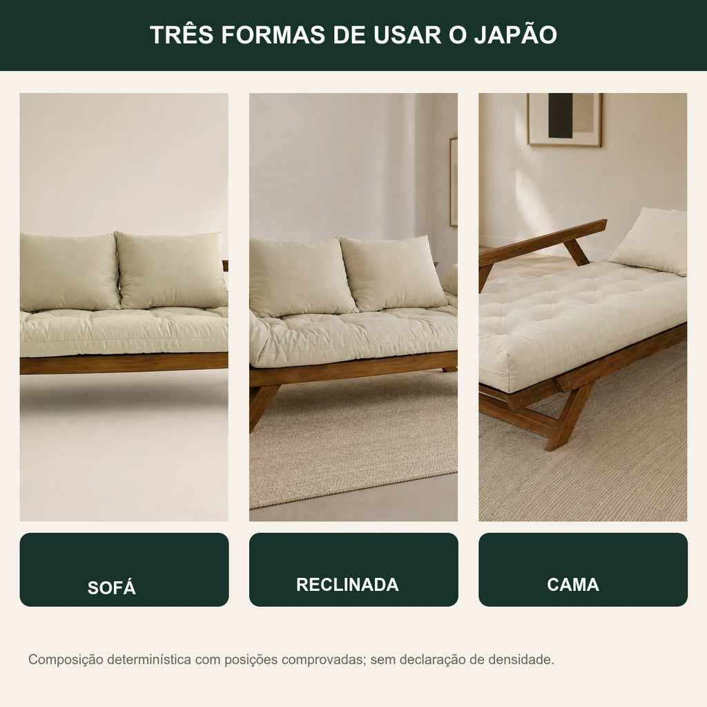 Sof� Cama Reclin�vel Futon Jap�o - Madeira Imbuia Tecido Sarja Cor Bege Claro - transformacao