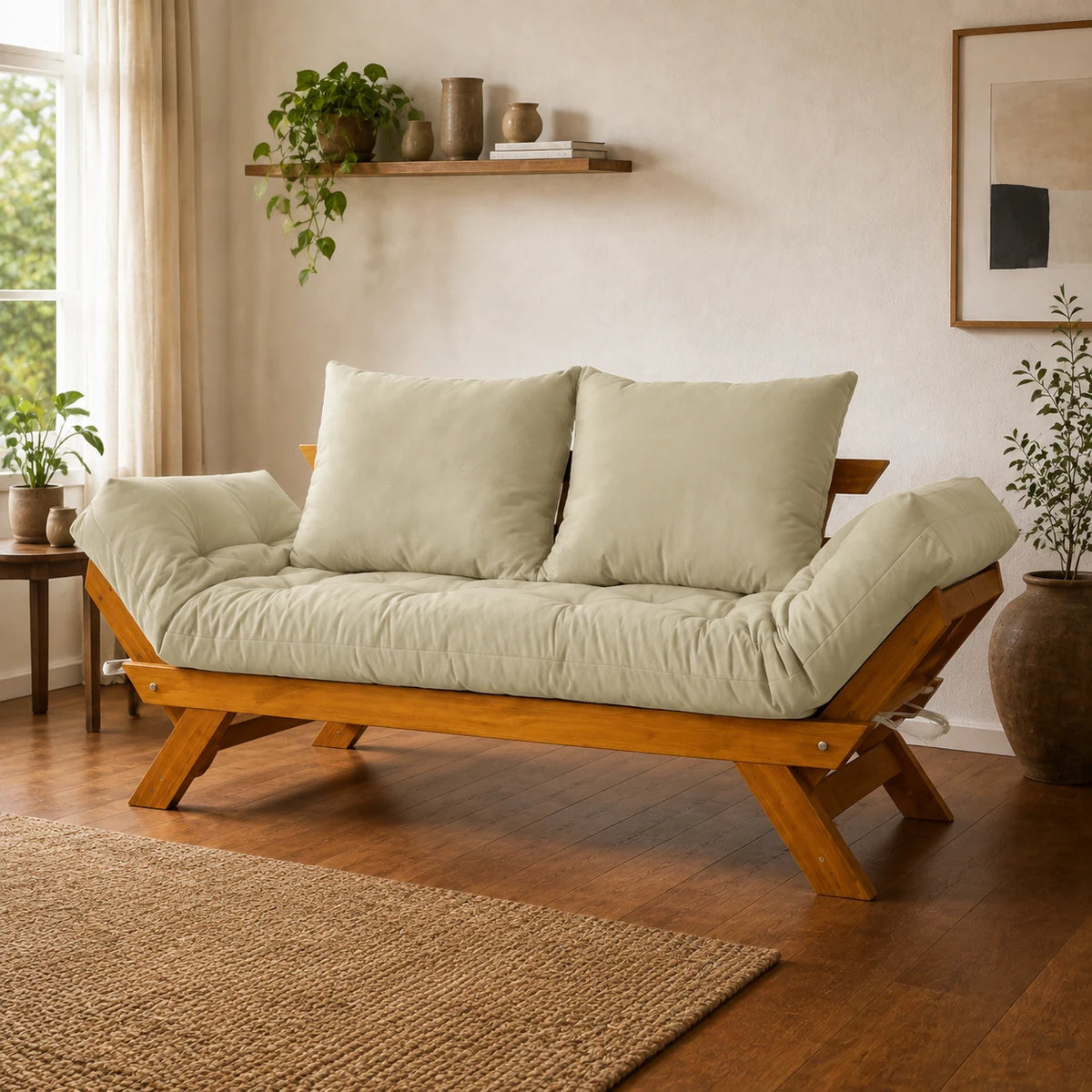Sof� Cama Reclin�vel Futon Jap�o - Madeira Mel Tecido Sarja Cor Bege Claro - ambientada