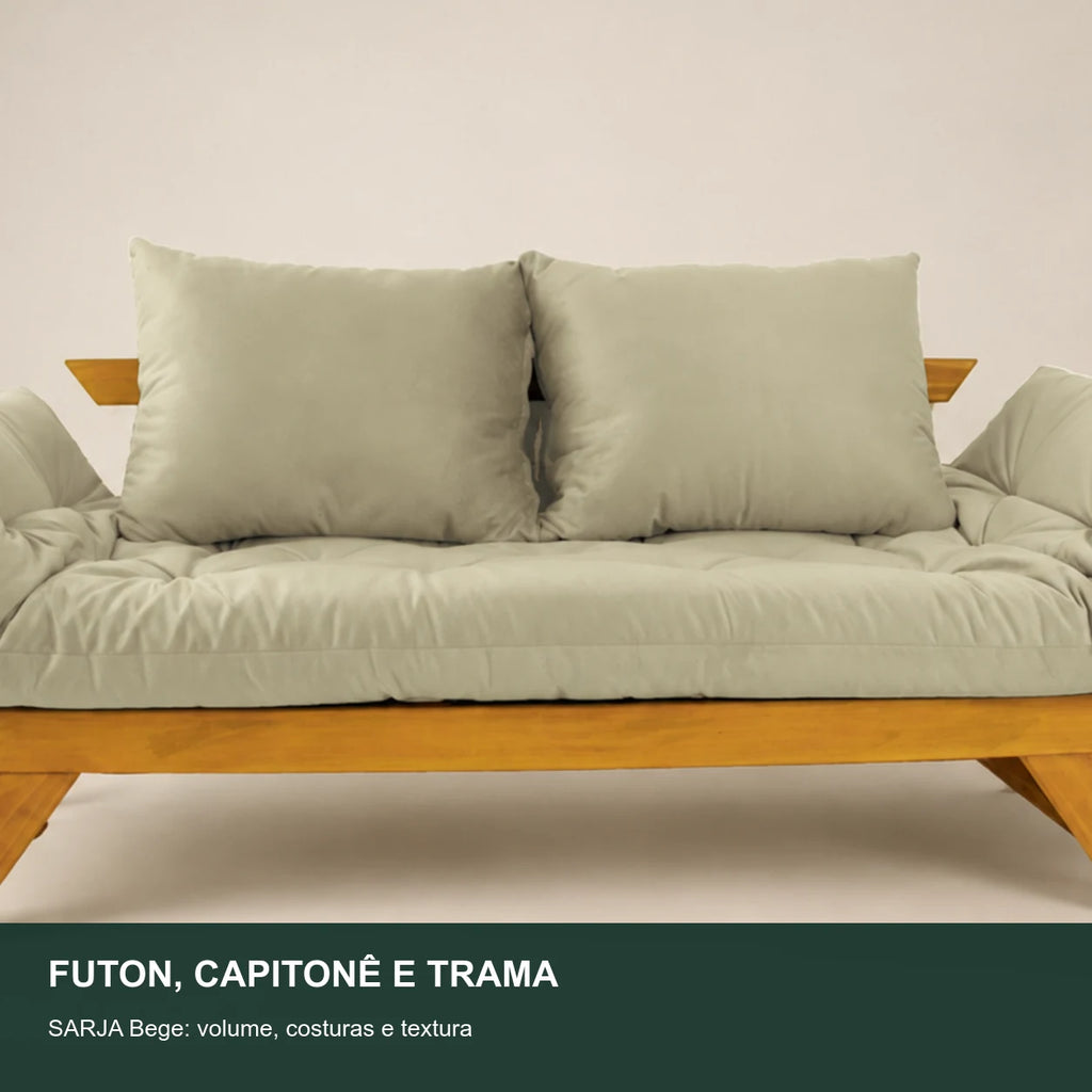 Sof� Cama Reclin�vel Futon Jap�o - Madeira Mel Tecido Sarja Cor Bege Claro - detalhe-capitone