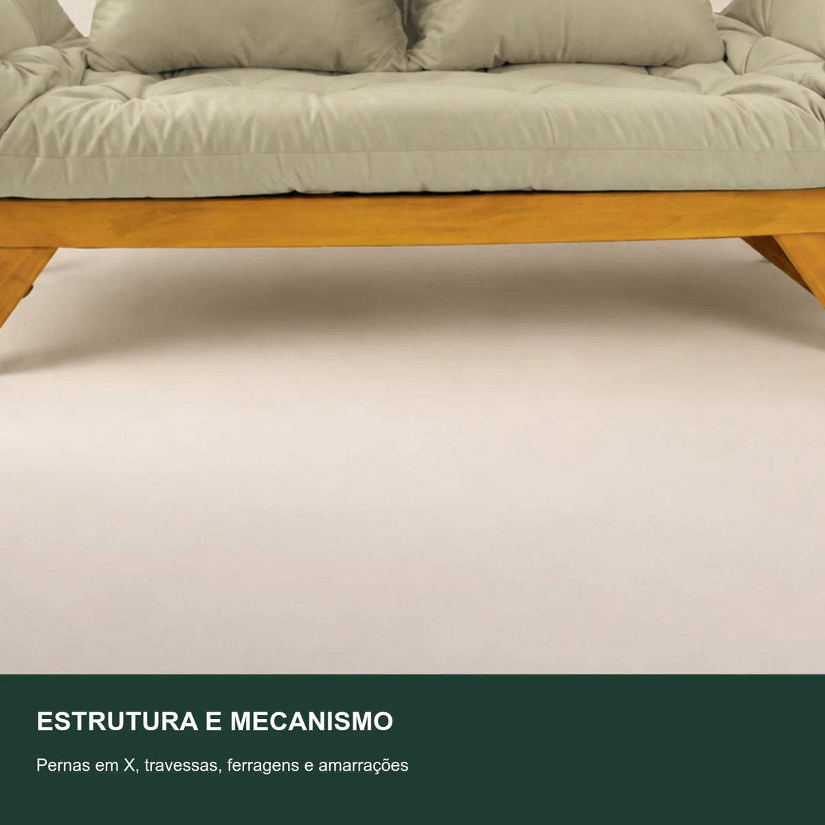 Sof� Cama Reclin�vel Futon Jap�o - Madeira Mel Tecido Sarja Cor Bege Claro - detalhe-mecanismo
