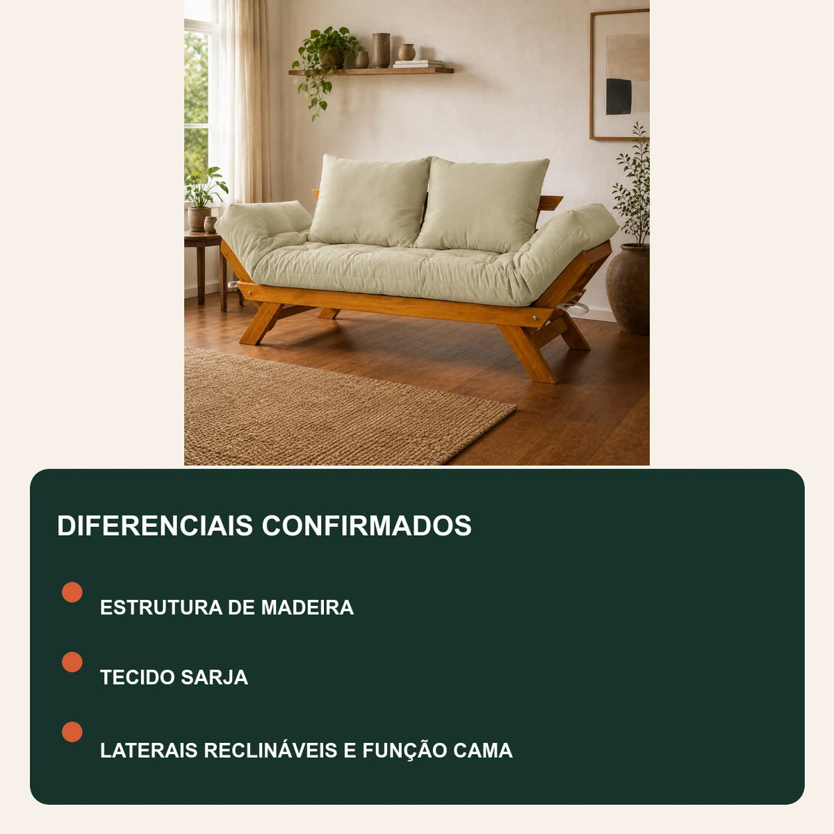 Sof� Cama Reclin�vel Futon Jap�o - Madeira Mel Tecido Sarja Cor Bege Claro - diferenciais