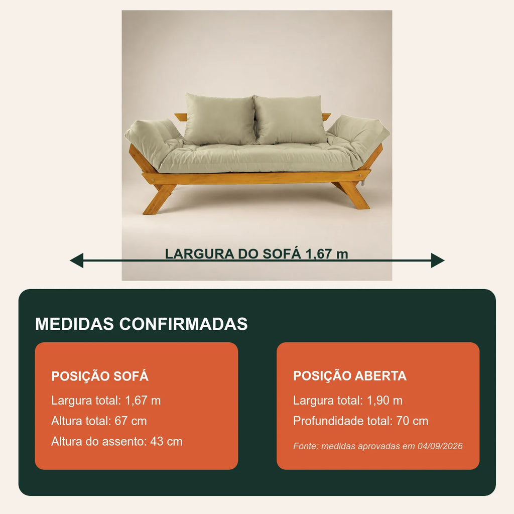 Sof� Cama Reclin�vel Futon Jap�o - Madeira Mel Tecido Sarja Cor Bege Claro - medidas