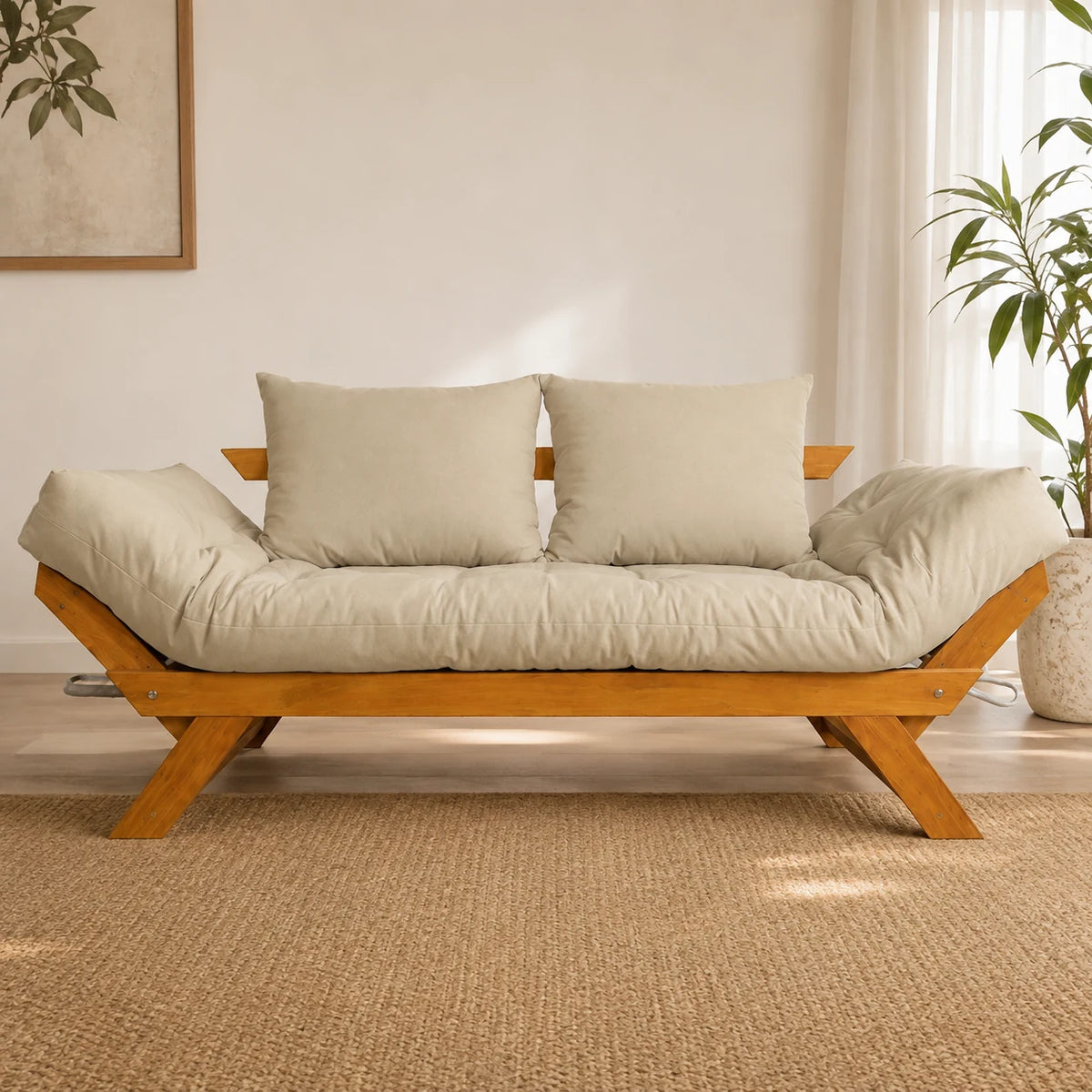 Sof� Cama Reclin�vel Futon Jap�o - Madeira Mel Tecido Sarja Cor Bege Claro - reclinada