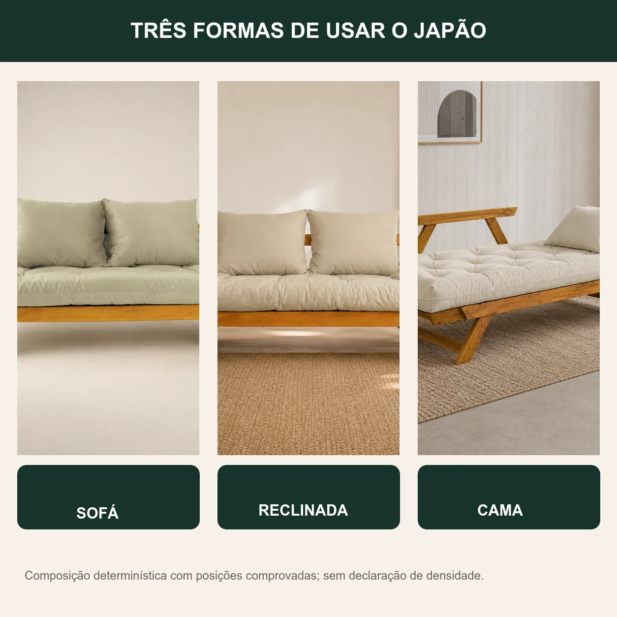 Sof� Cama Reclin�vel Futon Jap�o - Madeira Mel Tecido Sarja Cor Bege Claro - transformacao