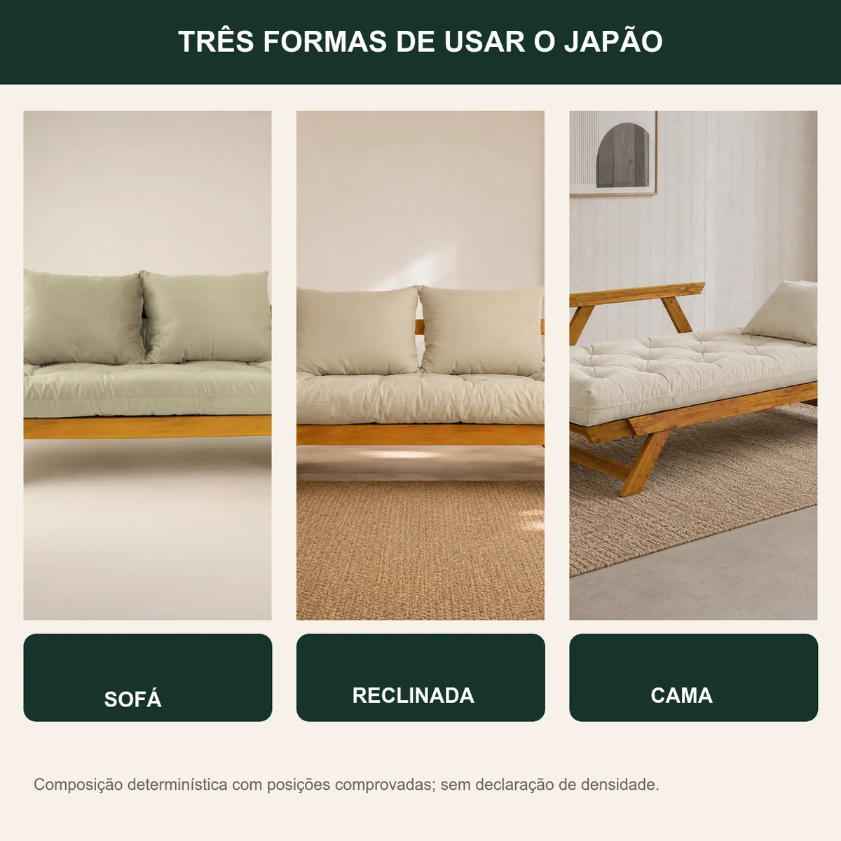 Sof� Cama Reclin�vel Futon D33 Jap�o - Madeira Mel Tecido Sarja Cor Bege - transformacao