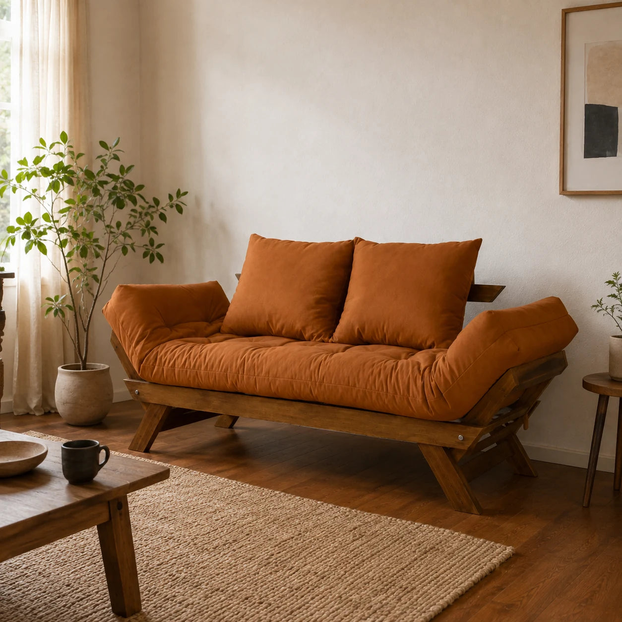 Sof� Cama Reclin�vel Futon Jap�o - Madeira Imbuia Tecido Sarja Cor Caramelo - ambientada