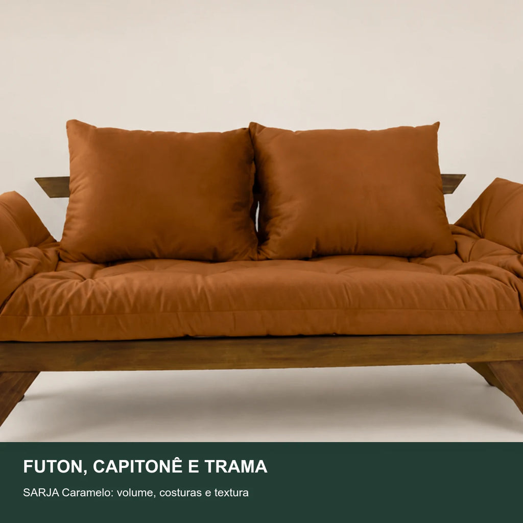 Sof� Cama Reclin�vel Futon Jap�o - Madeira Imbuia Tecido Sarja Cor Caramelo - detalhe-capitone