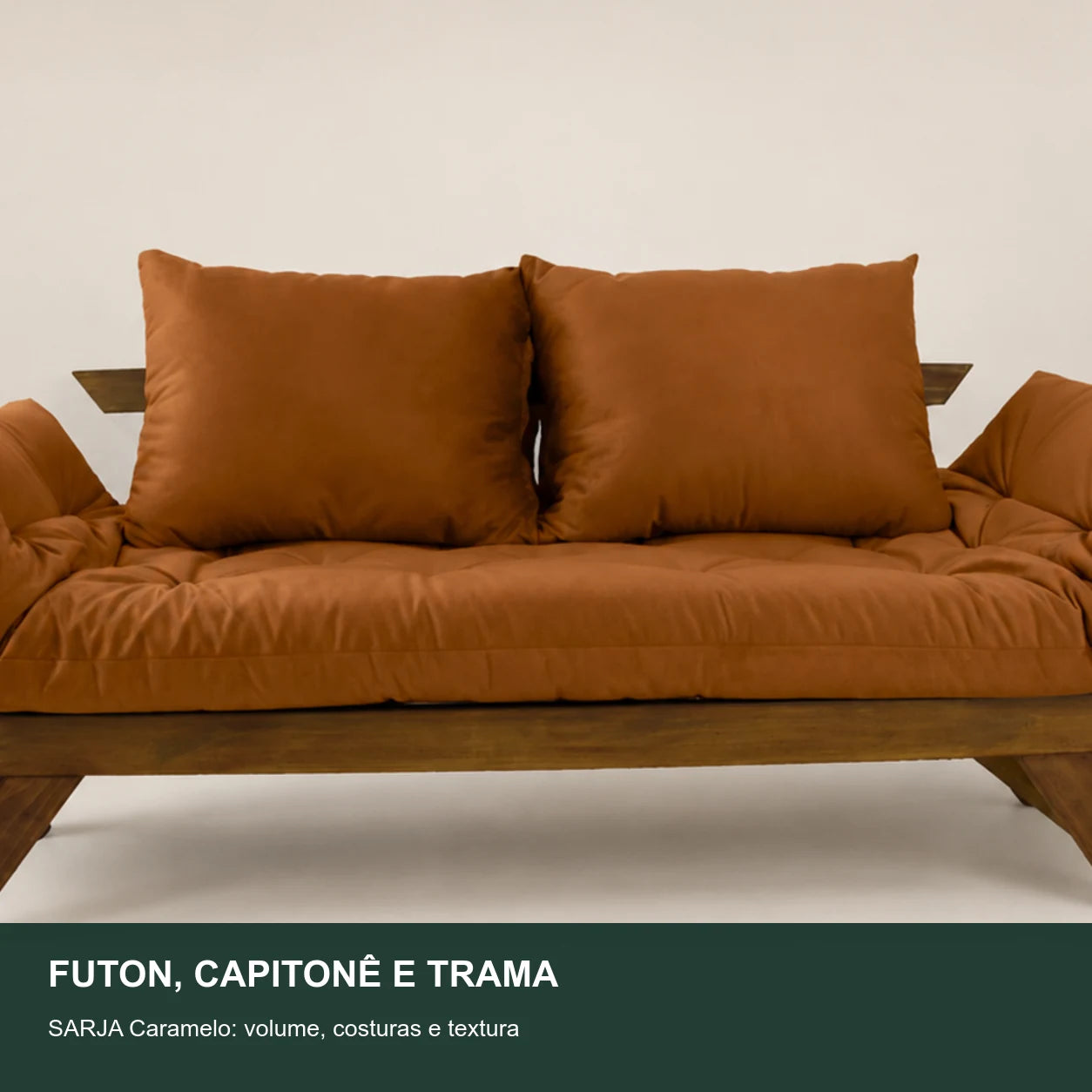 Sof� Cama Reclin�vel Futon Jap�o - Madeira Imbuia Tecido Sarja Cor Caramelo - detalhe-capitone