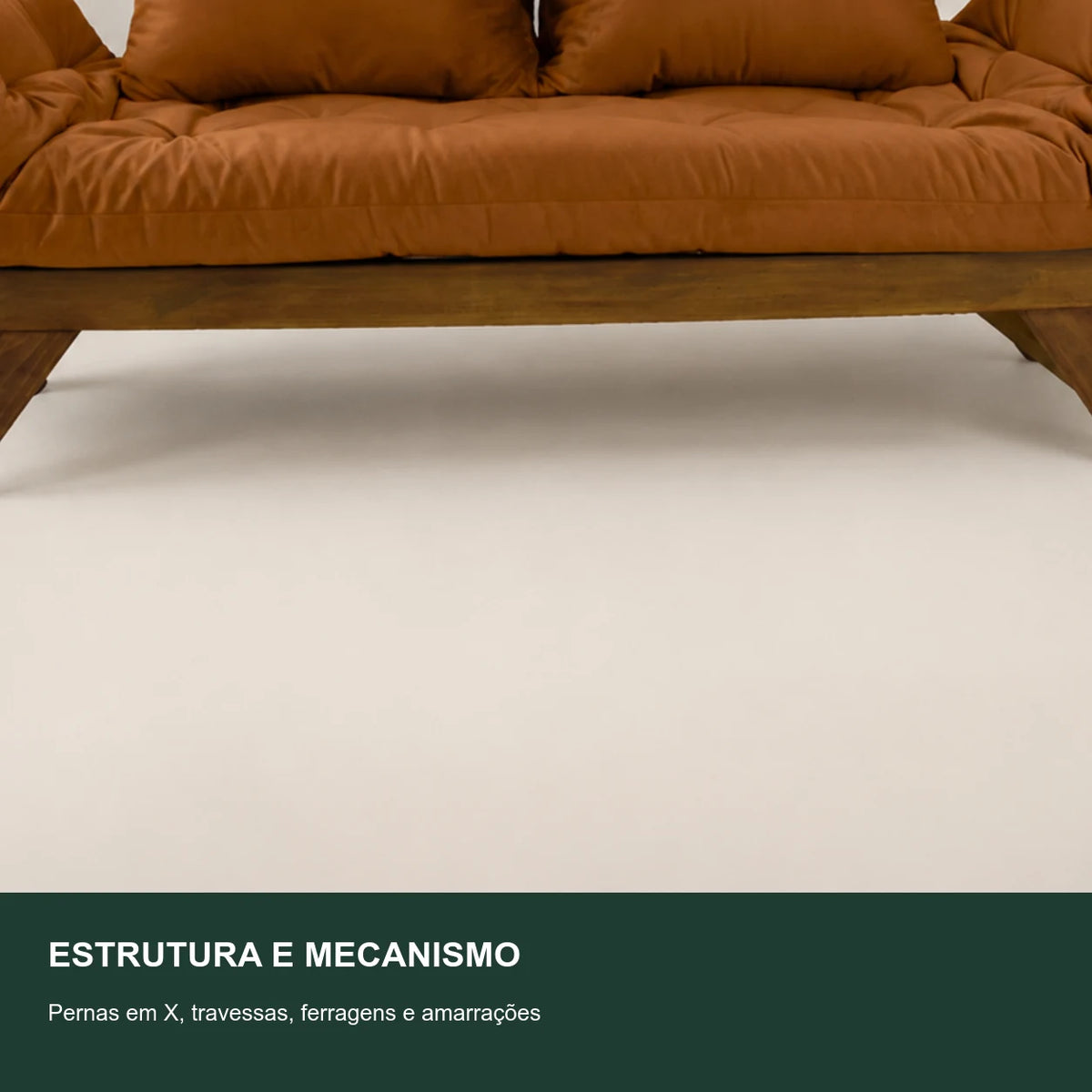 Sof� Cama Reclin�vel Futon Jap�o - Madeira Imbuia Tecido Sarja Cor Caramelo - detalhe-mecanismo