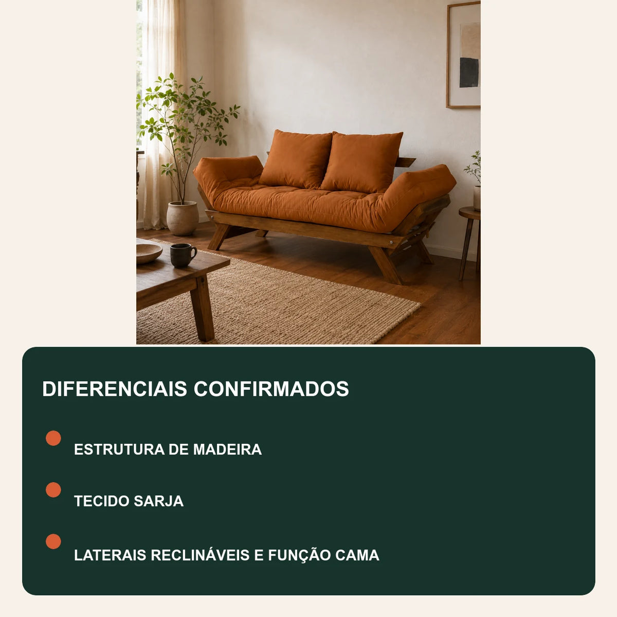 Sof� Cama Reclin�vel Futon Jap�o - Madeira Imbuia Tecido Sarja Cor Caramelo - diferenciais