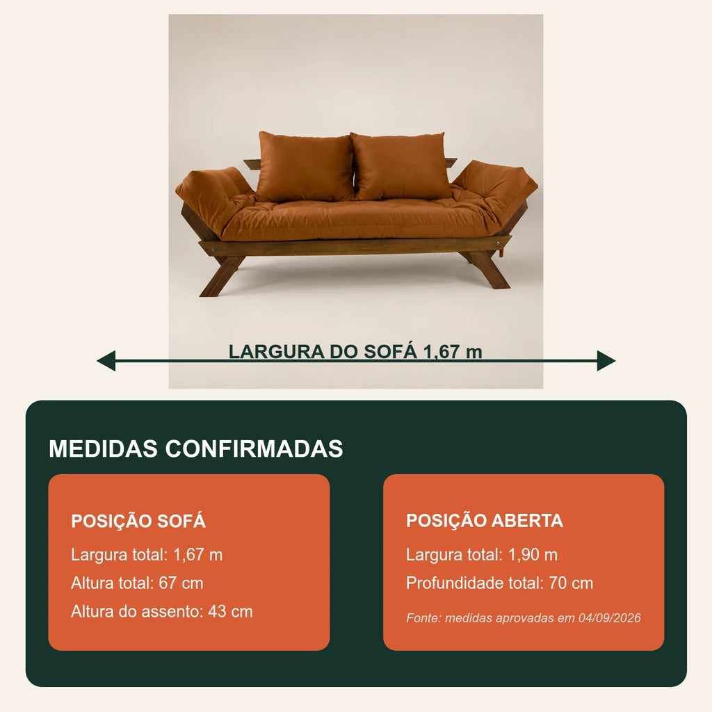 Sof� Cama Reclin�vel Futon Jap�o - Madeira Imbuia Tecido Sarja Cor Caramelo - medidas