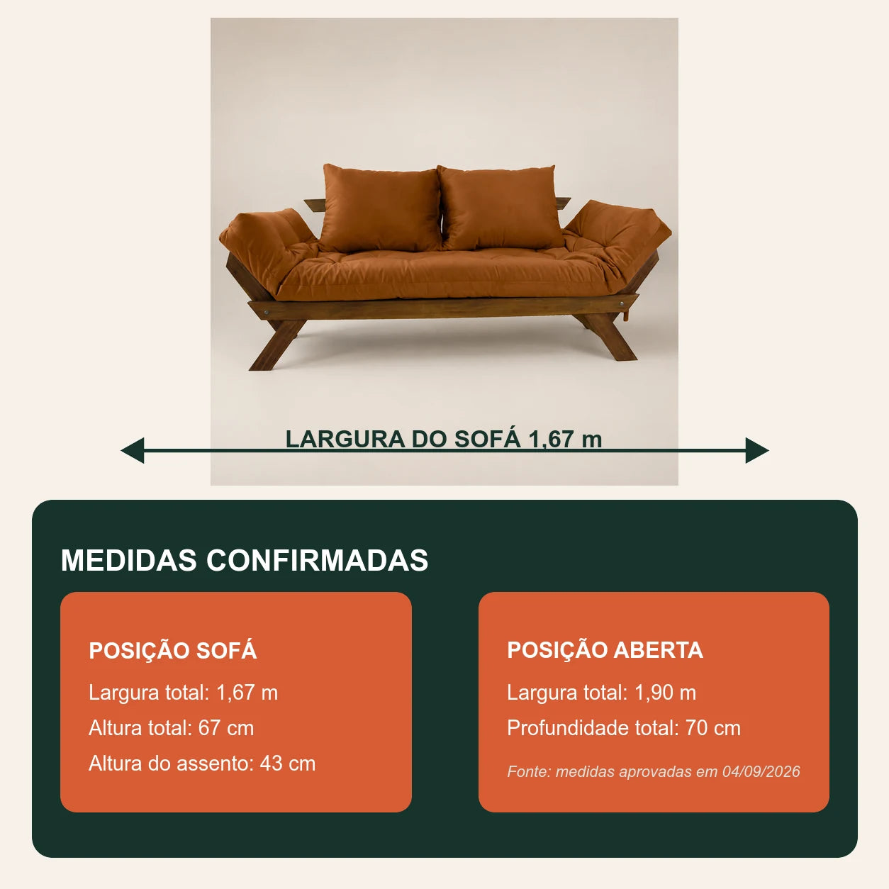 Sof� Cama Reclin�vel Futon Jap�o - Madeira Imbuia Tecido Sarja Cor Caramelo - medidas