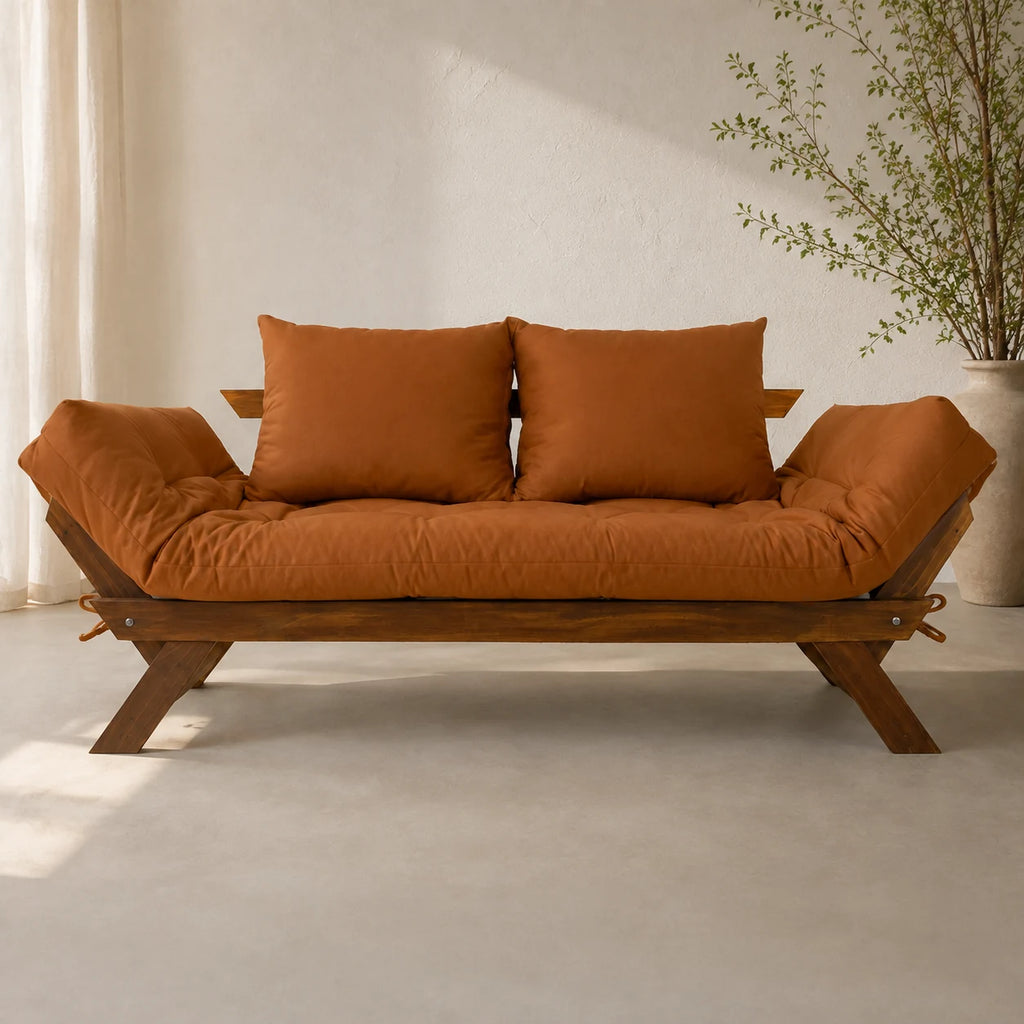 Sof� Cama Reclin�vel Futon Jap�o - Madeira Imbuia Tecido Sarja Cor Caramelo - reclinada