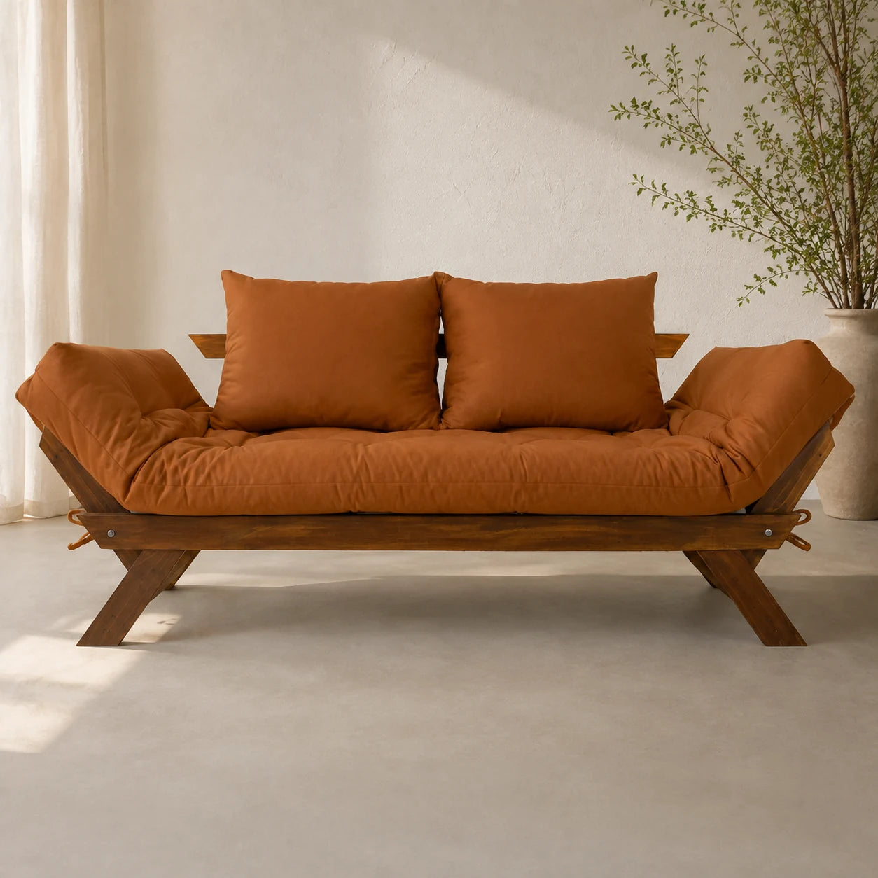 Sof� Cama Reclin�vel Futon Jap�o - Madeira Imbuia Tecido Sarja Cor Caramelo - reclinada