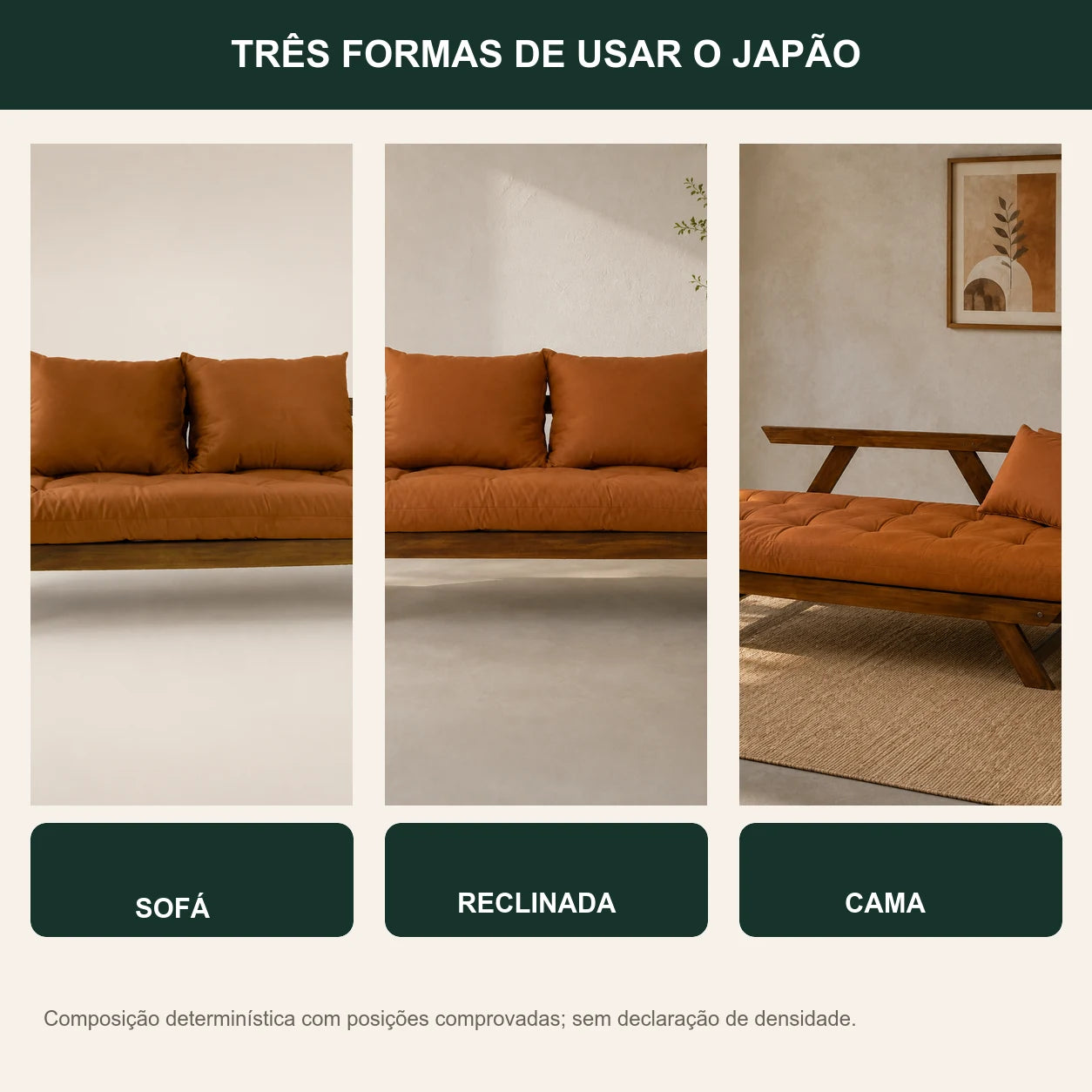 Sof� Cama Reclin�vel Futon Jap�o - Madeira Imbuia Tecido Sarja Cor Caramelo - transformacao