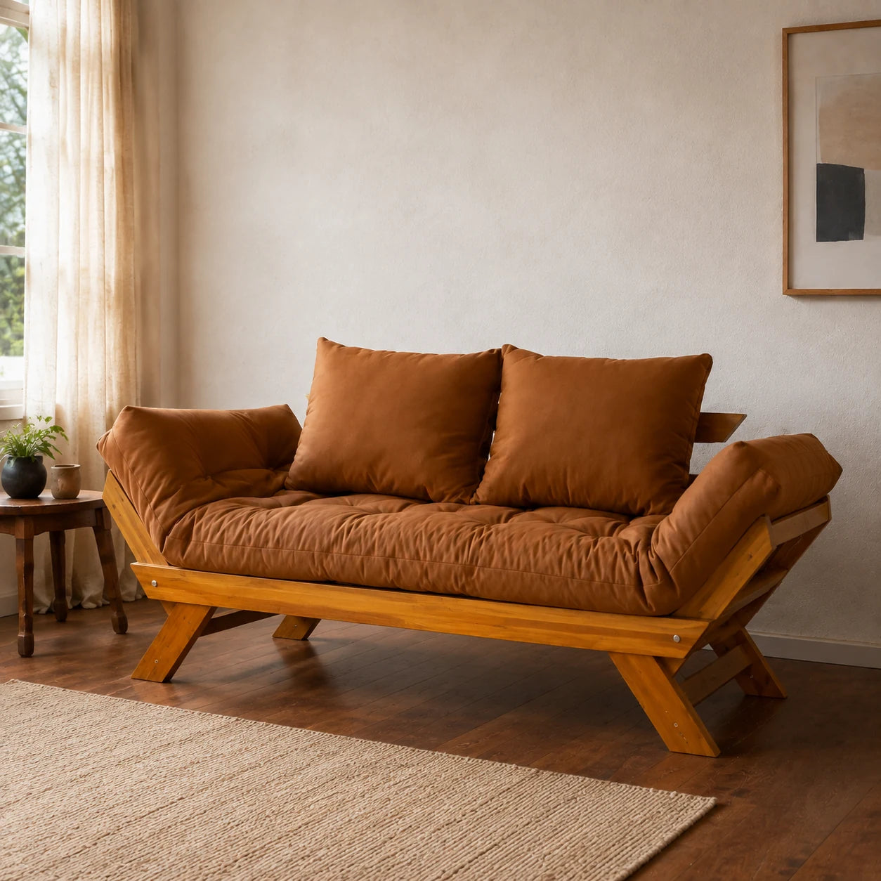 Sof� Cama Reclin�vel Futon Jap�o - Madeira Mel Tecido Sarja Cor Caramelo - ambientada