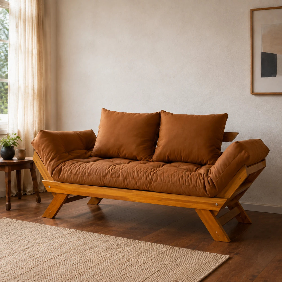 Sof� Cama Reclin�vel Futon D33 Jap�o - Madeira Mel Tecido Sarja Cor Caramelo - ambientada