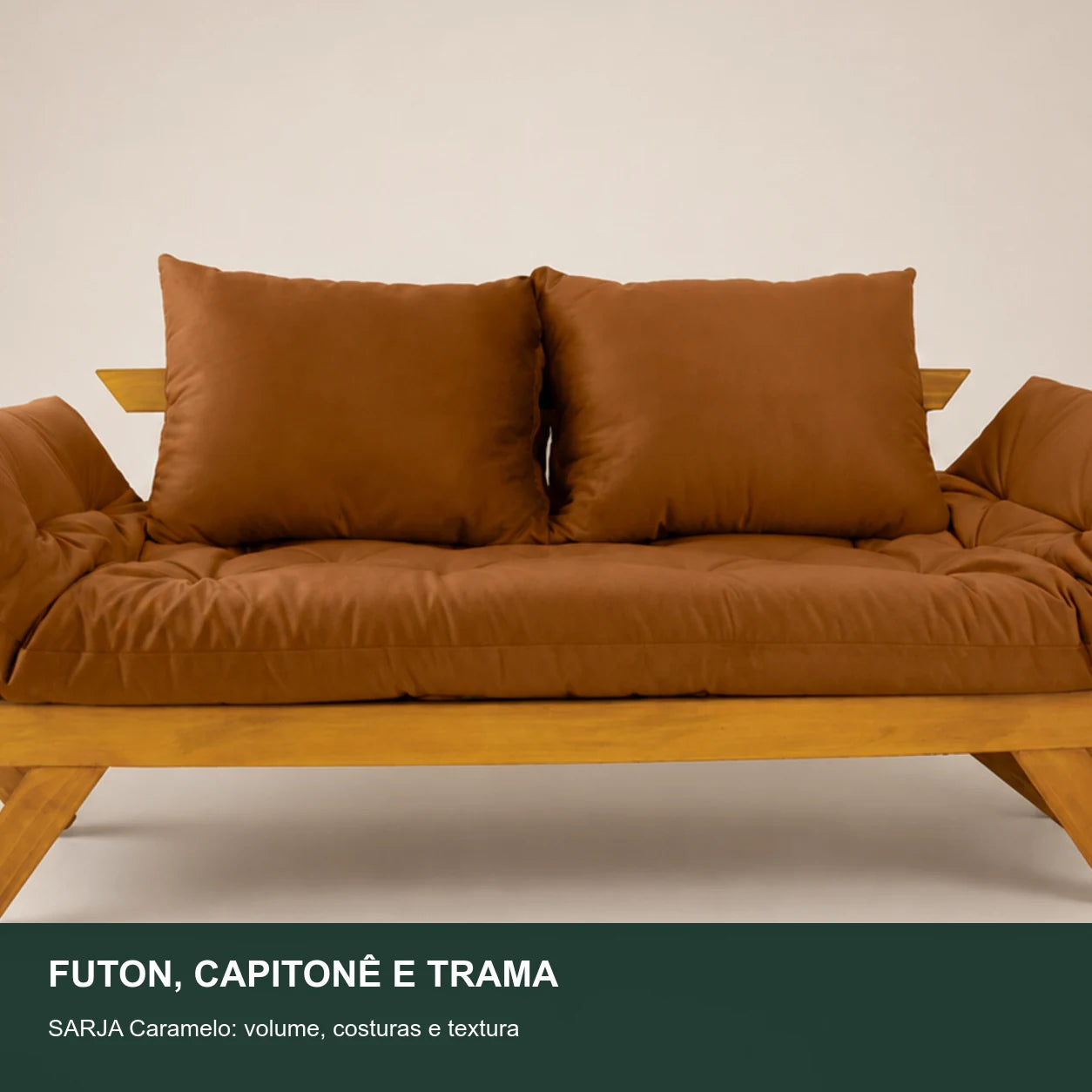 Sof� Cama Reclin�vel Futon Jap�o - Madeira Mel Tecido Sarja Cor Caramelo - detalhe-capitone