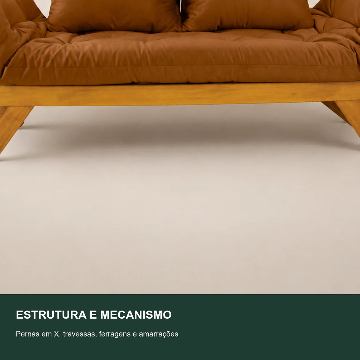 Sof� Cama Reclin�vel Futon Jap�o - Madeira Mel Tecido Sarja Cor Caramelo - detalhe-mecanismo