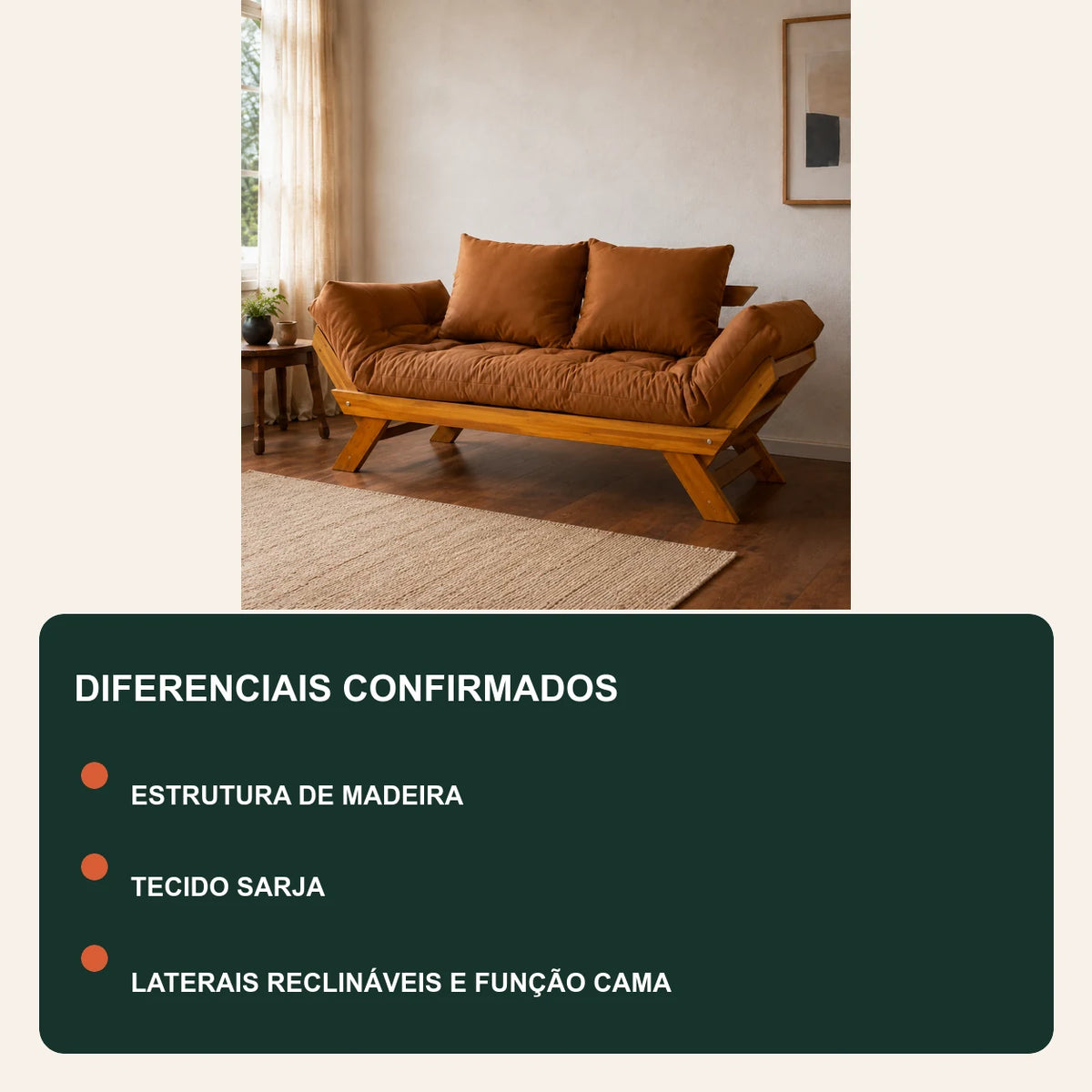 Sof� Cama Reclin�vel Futon Jap�o - Madeira Mel Tecido Sarja Cor Caramelo - diferenciais