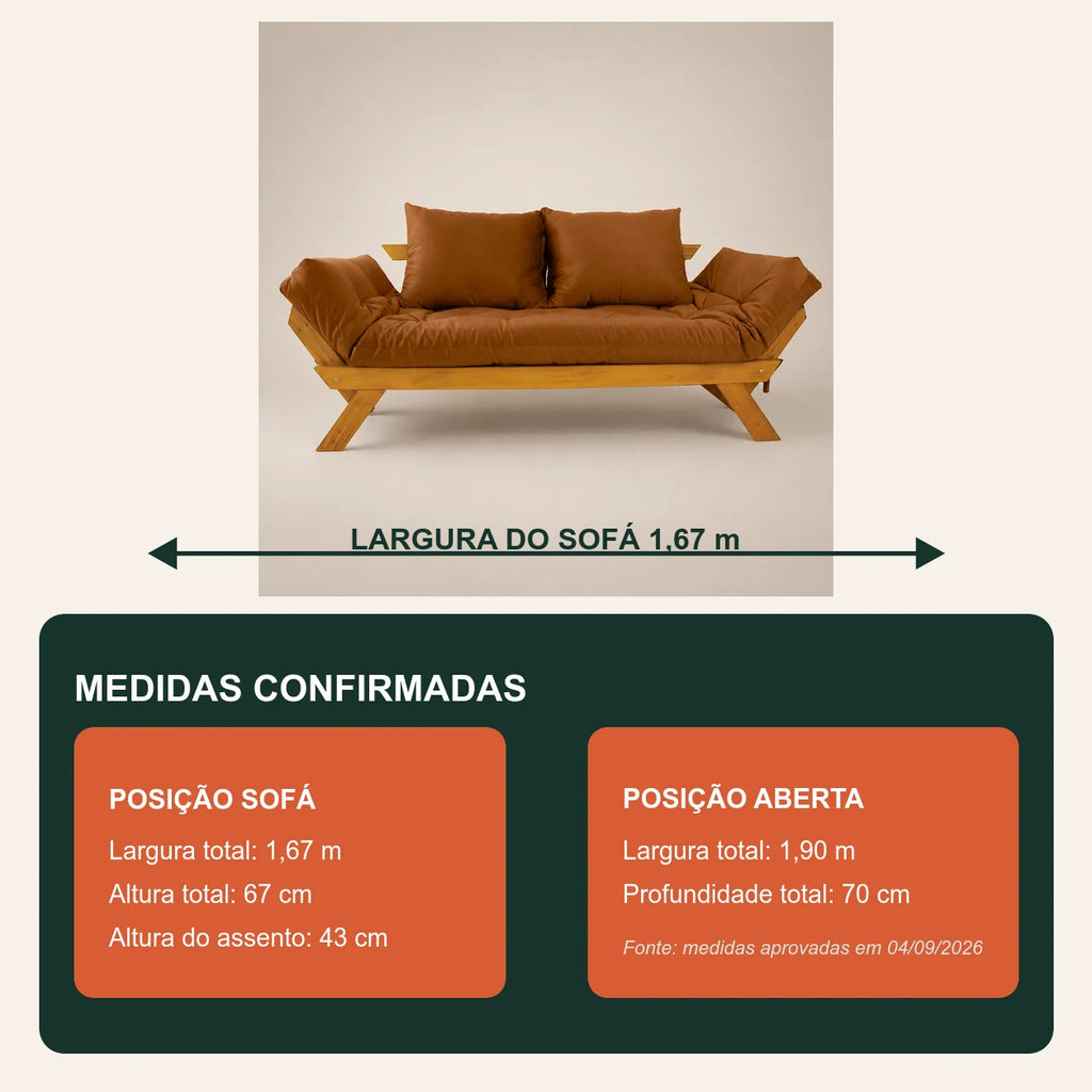 Sof� Cama Reclin�vel Futon Jap�o - Madeira Mel Tecido Sarja Cor Caramelo - medidas