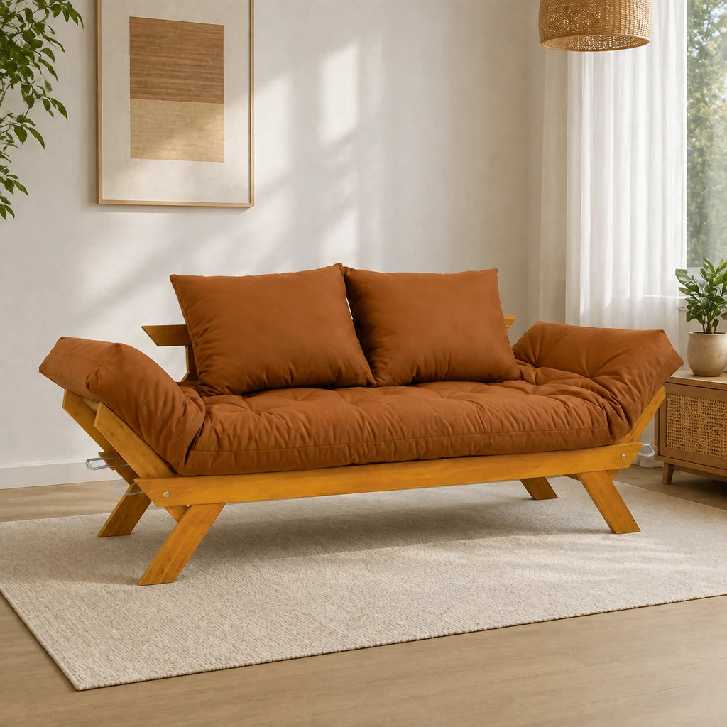 Sof� Cama Reclin�vel Futon Jap�o - Madeira Mel Tecido Sarja Cor Caramelo - reclinada