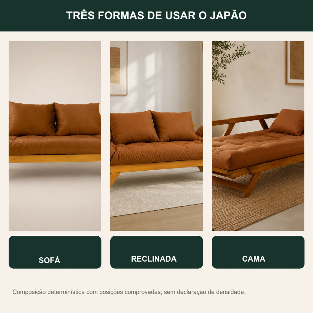 Sof� Cama Reclin�vel Futon Jap�o - Madeira Mel Tecido Sarja Cor Caramelo - transformacao