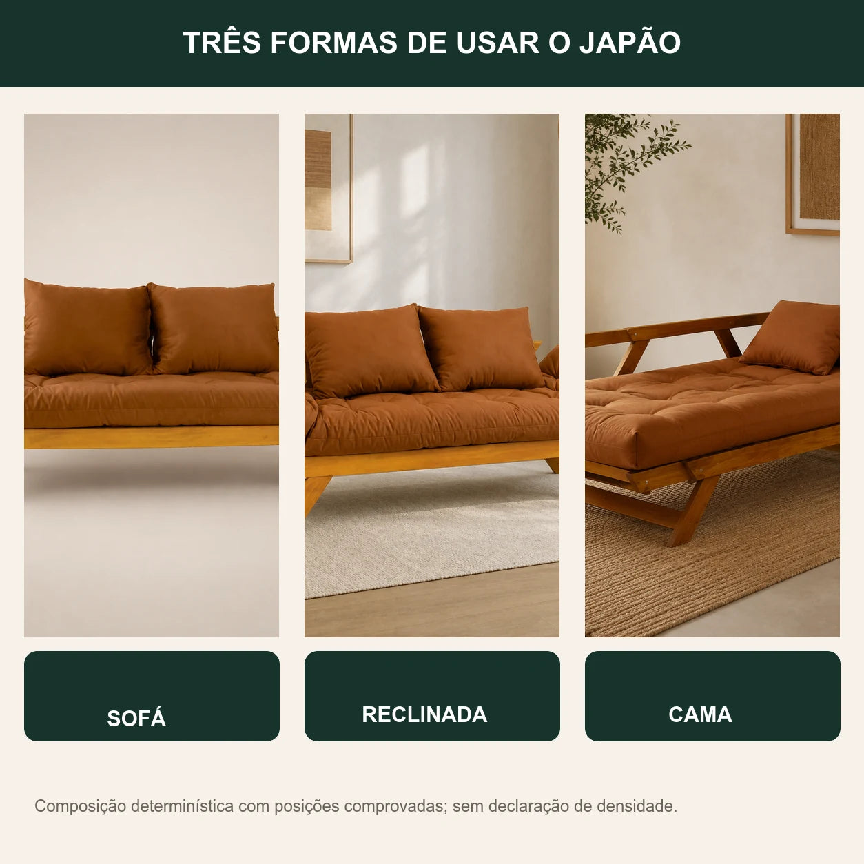 Sof� Cama Reclin�vel Futon Jap�o - Madeira Mel Tecido Sarja Cor Caramelo - transformacao