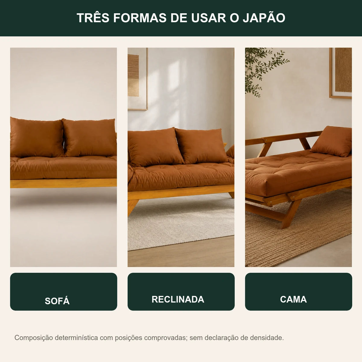 Sof� Cama Reclin�vel Futon D33 Jap�o - Madeira Mel Tecido Sarja Cor Caramelo - transformacao