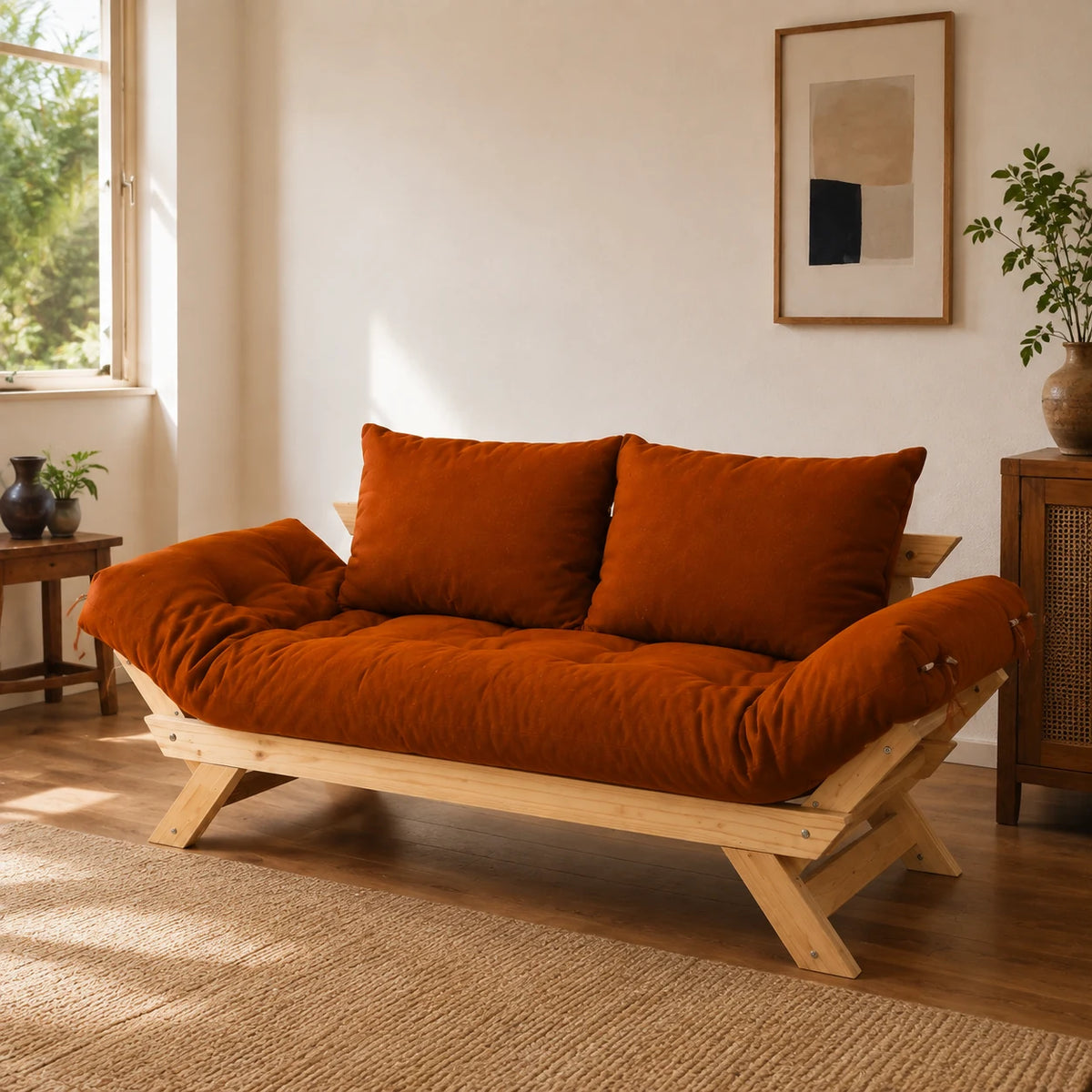 Sof� Cama Reclin�vel Futon Jap�o D33 - Madeira Sem Pintura Tecido Sarja Cor Caramelo - ambientada