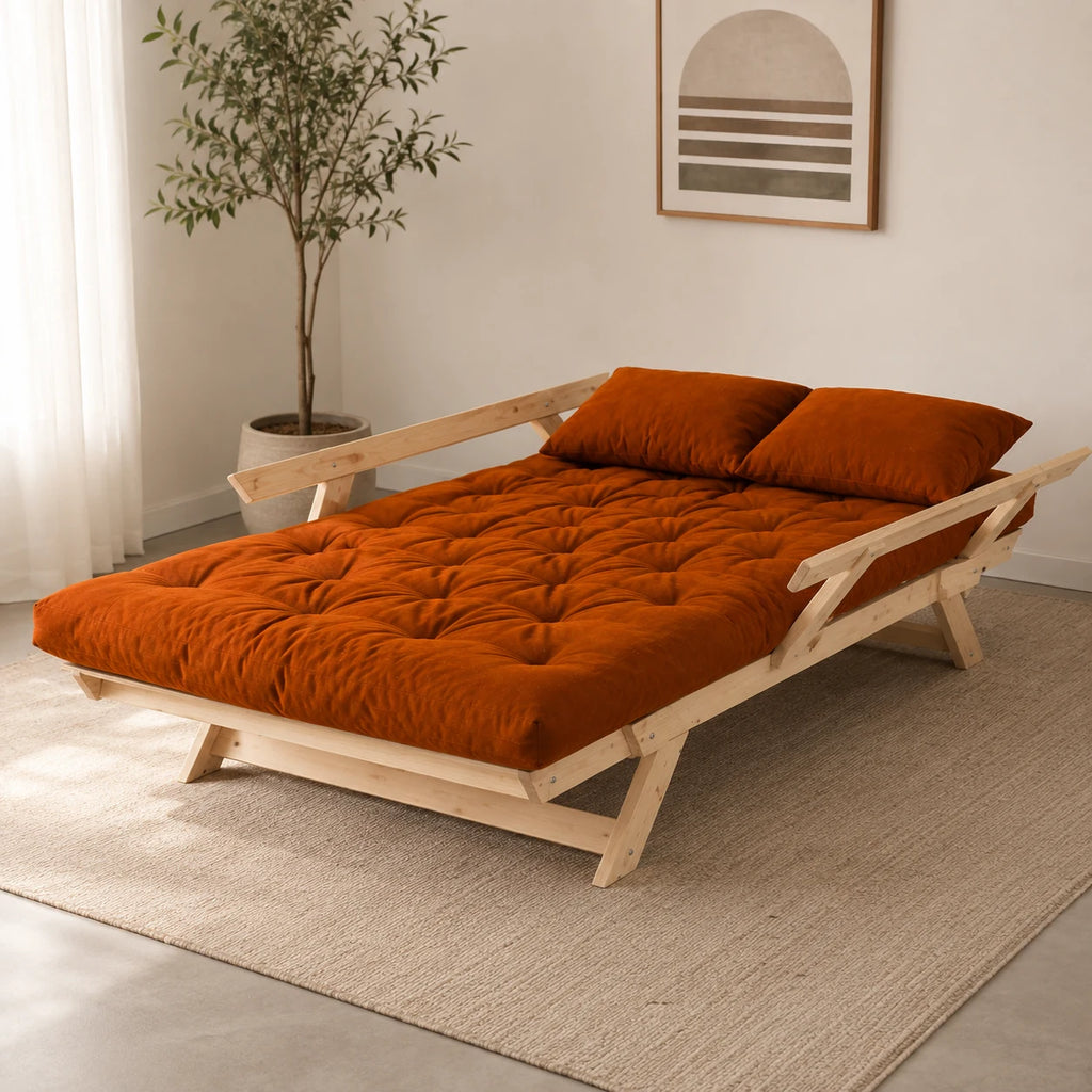 Sof� Cama Reclin�vel Futon Jap�o D33 - Madeira Sem Pintura Tecido Sarja Cor Caramelo - cama