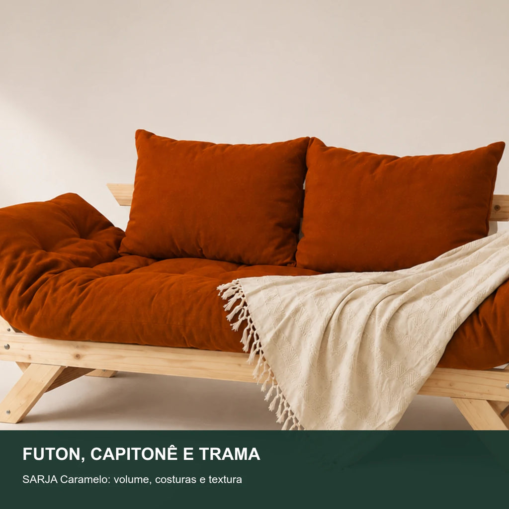 Sof� Cama Reclin�vel Futon Jap�o D33 - Madeira Sem Pintura Tecido Sarja Cor Caramelo - detalhe-capitone