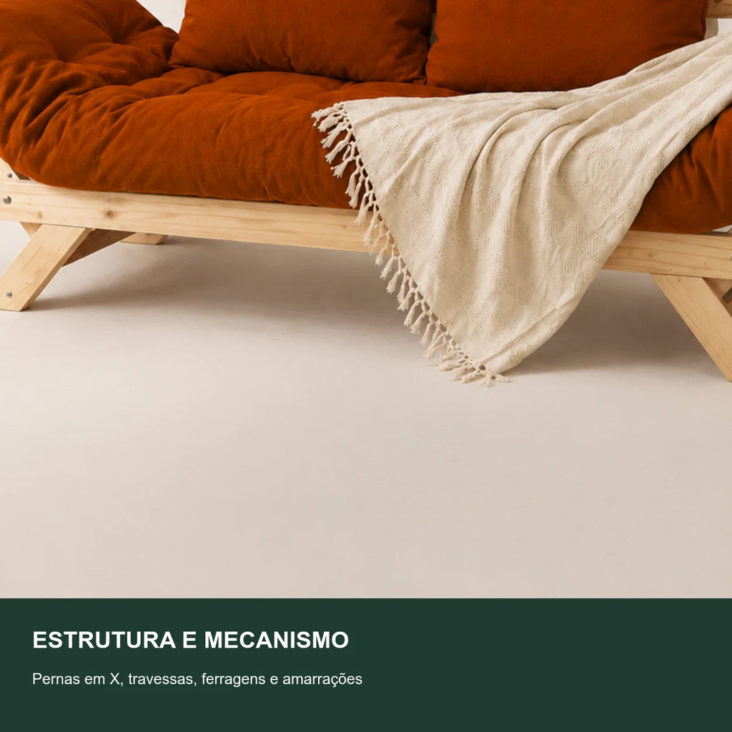 Sof� Cama Reclin�vel Futon Jap�o D33 - Madeira Sem Pintura Tecido Sarja Cor Caramelo - detalhe-mecanismo