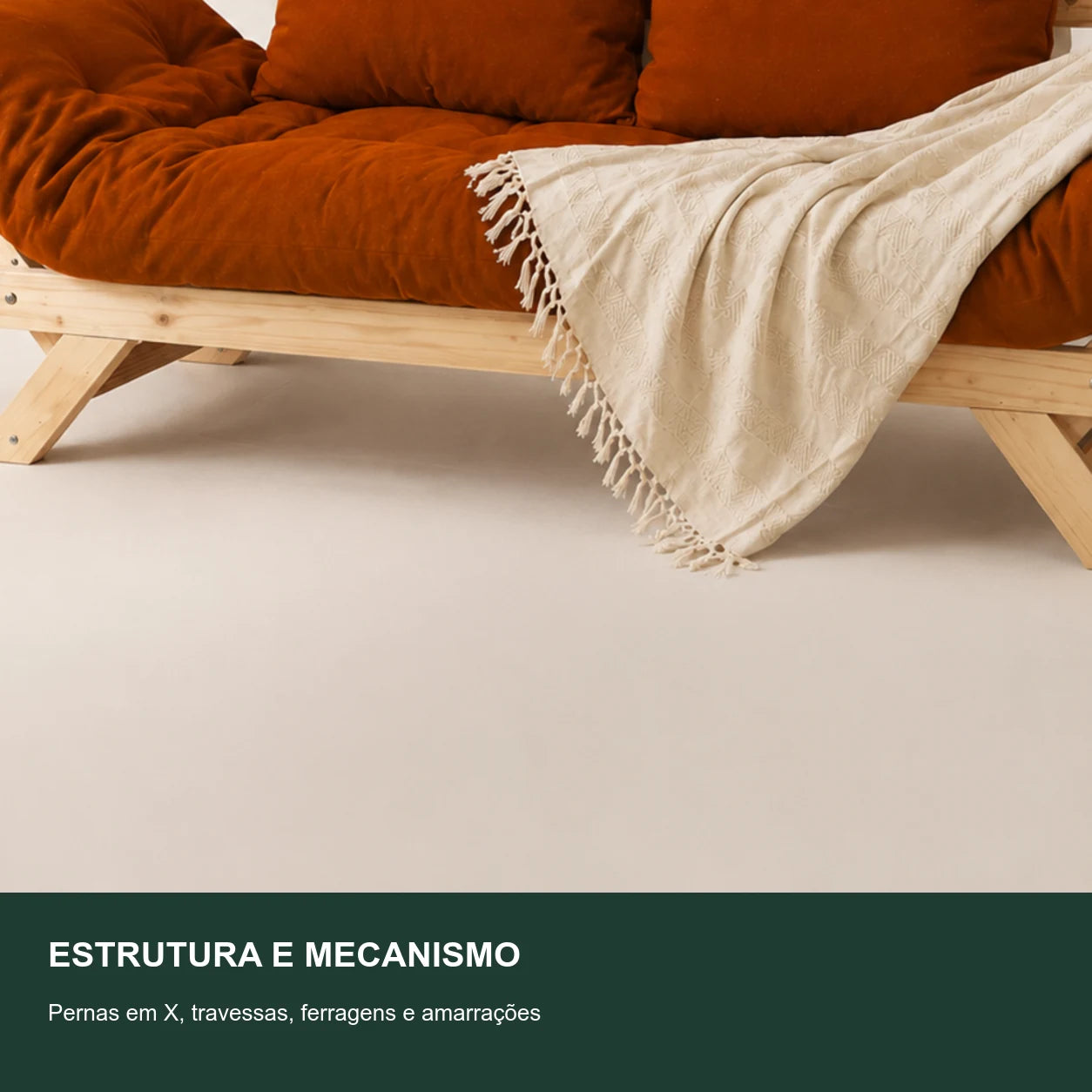 Sof� Cama Reclin�vel Futon Jap�o D33 - Madeira Sem Pintura Tecido Sarja Cor Caramelo - detalhe-mecanismo