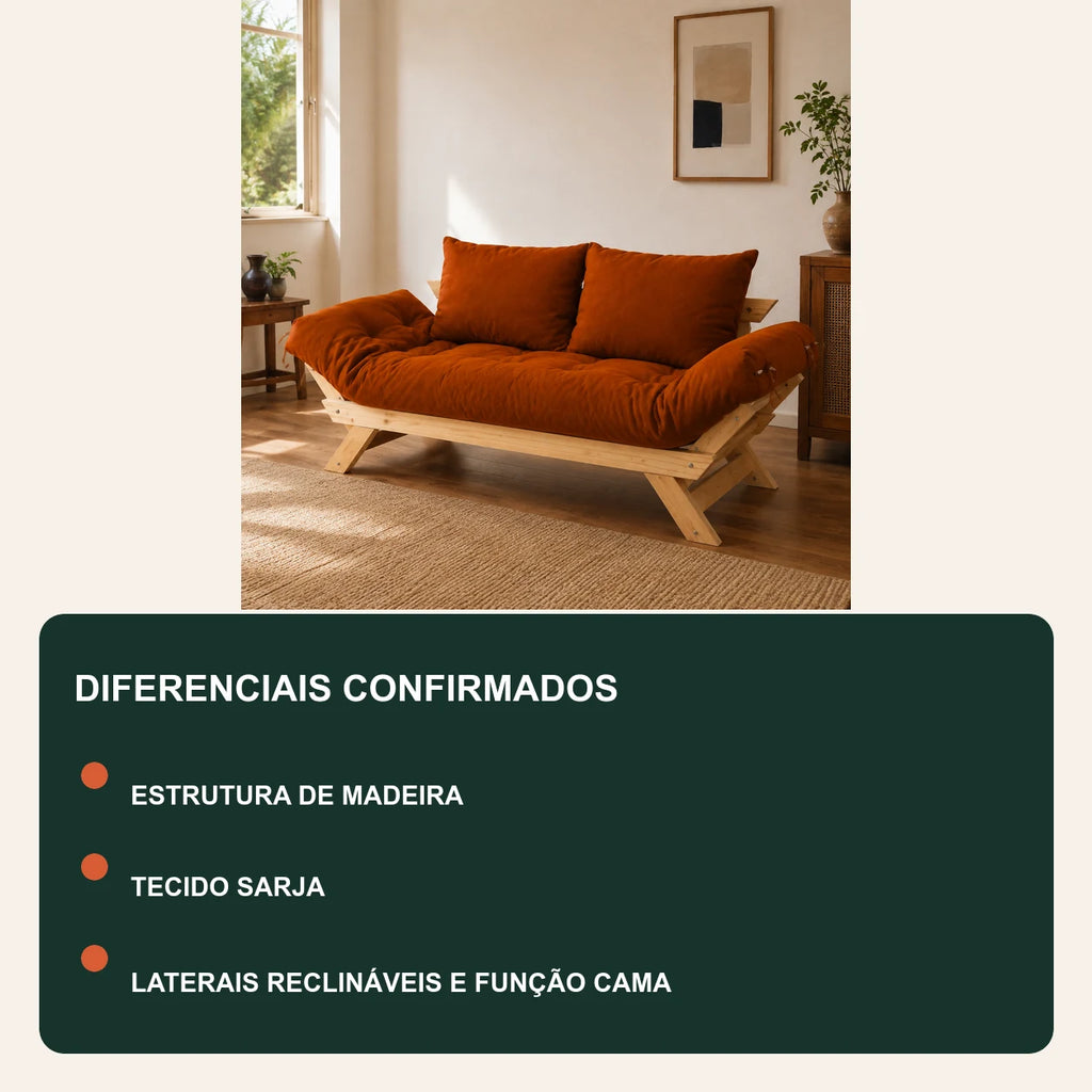 Sof� Cama Reclin�vel Futon Jap�o D33 - Madeira Sem Pintura Tecido Sarja Cor Caramelo - diferenciais